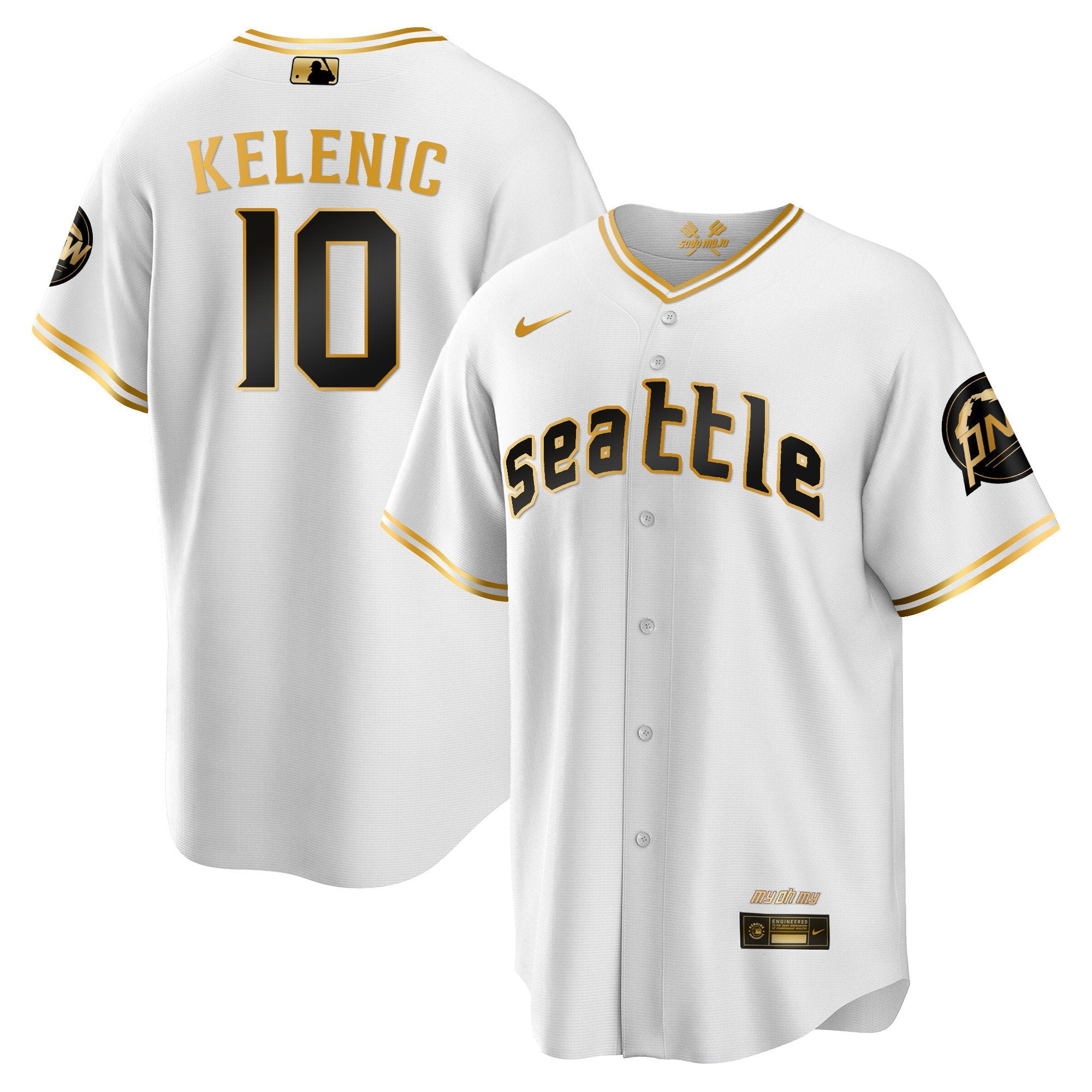 Men's Seattle Mariners City Connect Cool Base Jersey - All Stitched - White Gold, Jarred Kelenic
