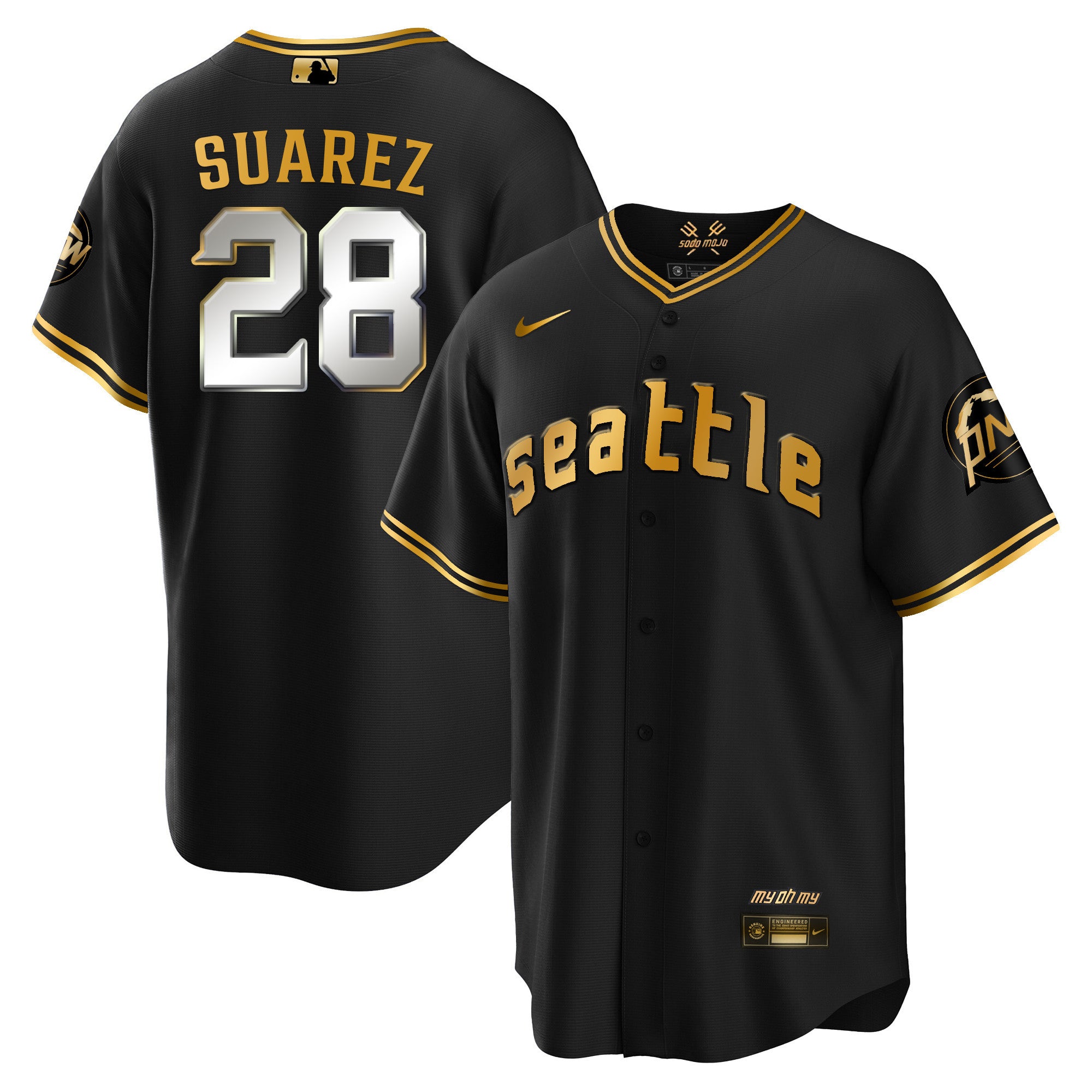 Men's Seattle Mariners City Connect Cool Base Jersey - All Stitched - Black Gold, Eugenio Suarez
