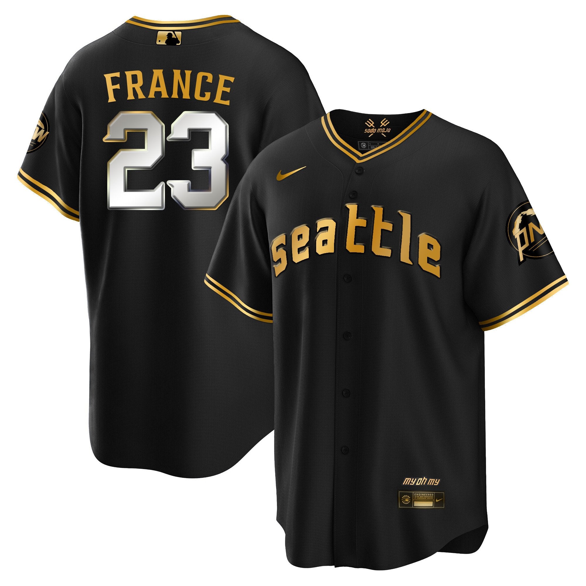 Men's Seattle Mariners City Connect Cool Base Jersey - All Stitched - Black Gold, Ty France