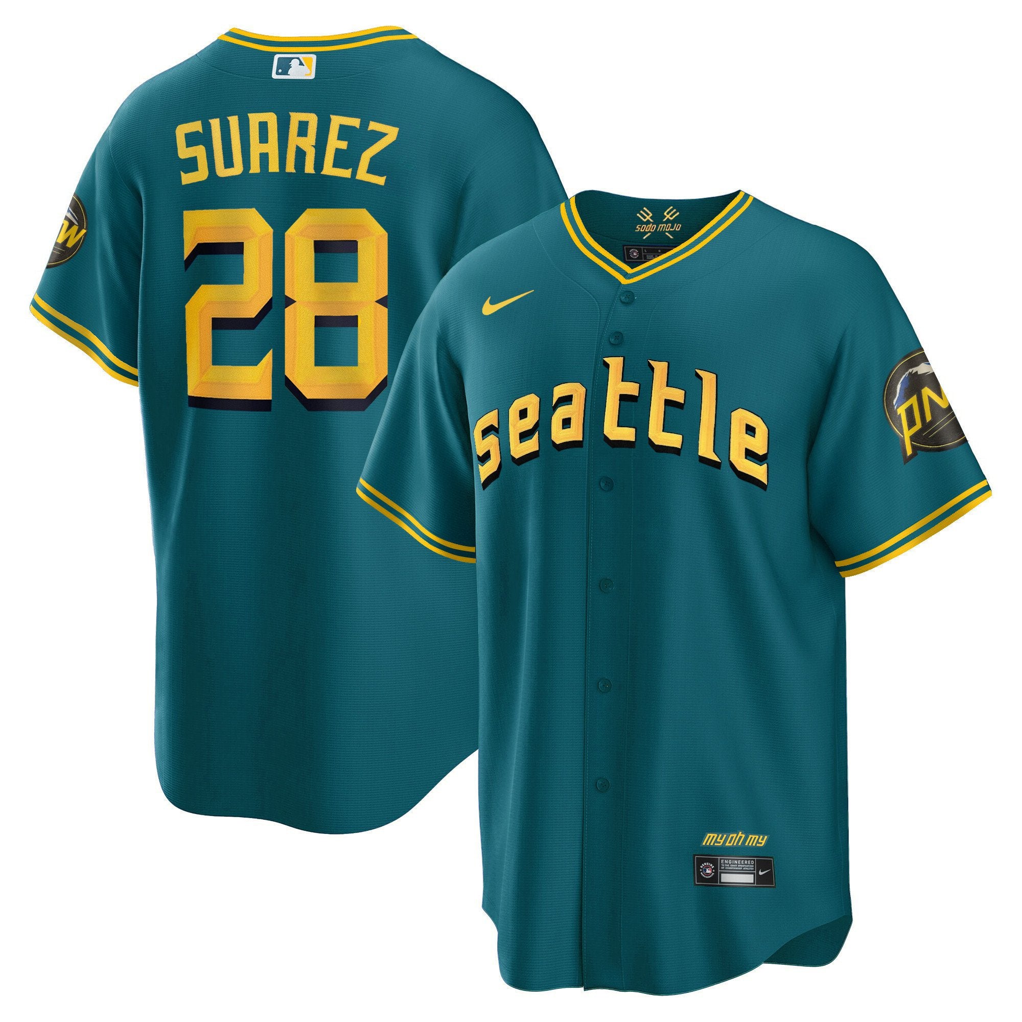 Men's Seattle Mariners City Connect Cool Base Jersey - All Stitched - Aqua, Eugenio Suarez