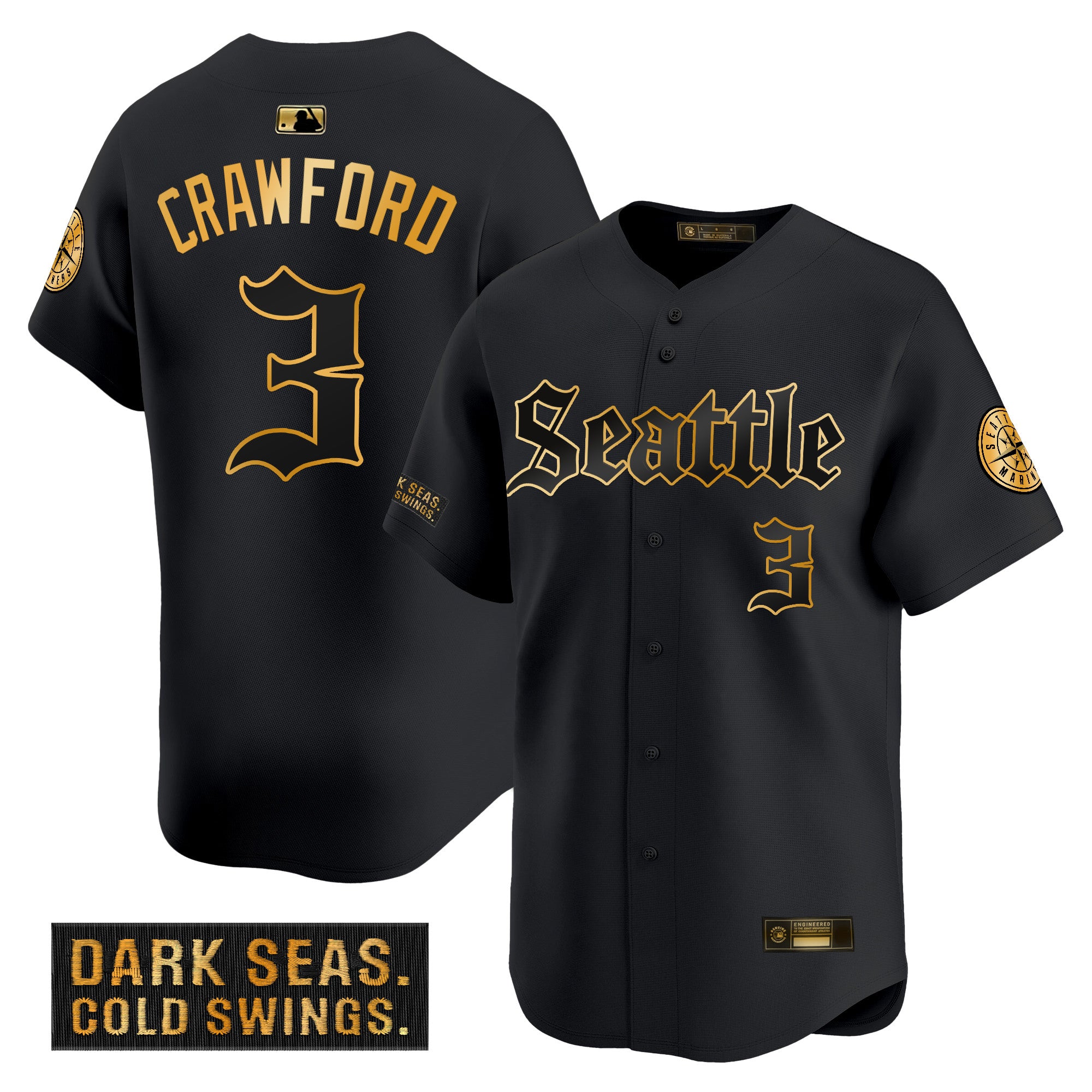 Men's Seattle Mariners 'Deep Sea Gothic Edition' Gold Vapor Premier Limited Jersey - All Stitched - Black Gold, J.P. Crawford
