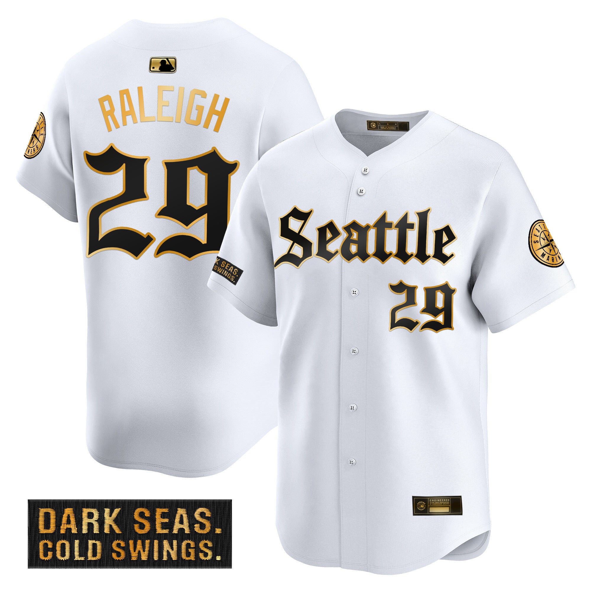 Men's Seattle Mariners 'Deep Sea Gothic Edition' Gold Vapor Premier Limited Jersey - All Stitched - White Gold, Cal Raleigh