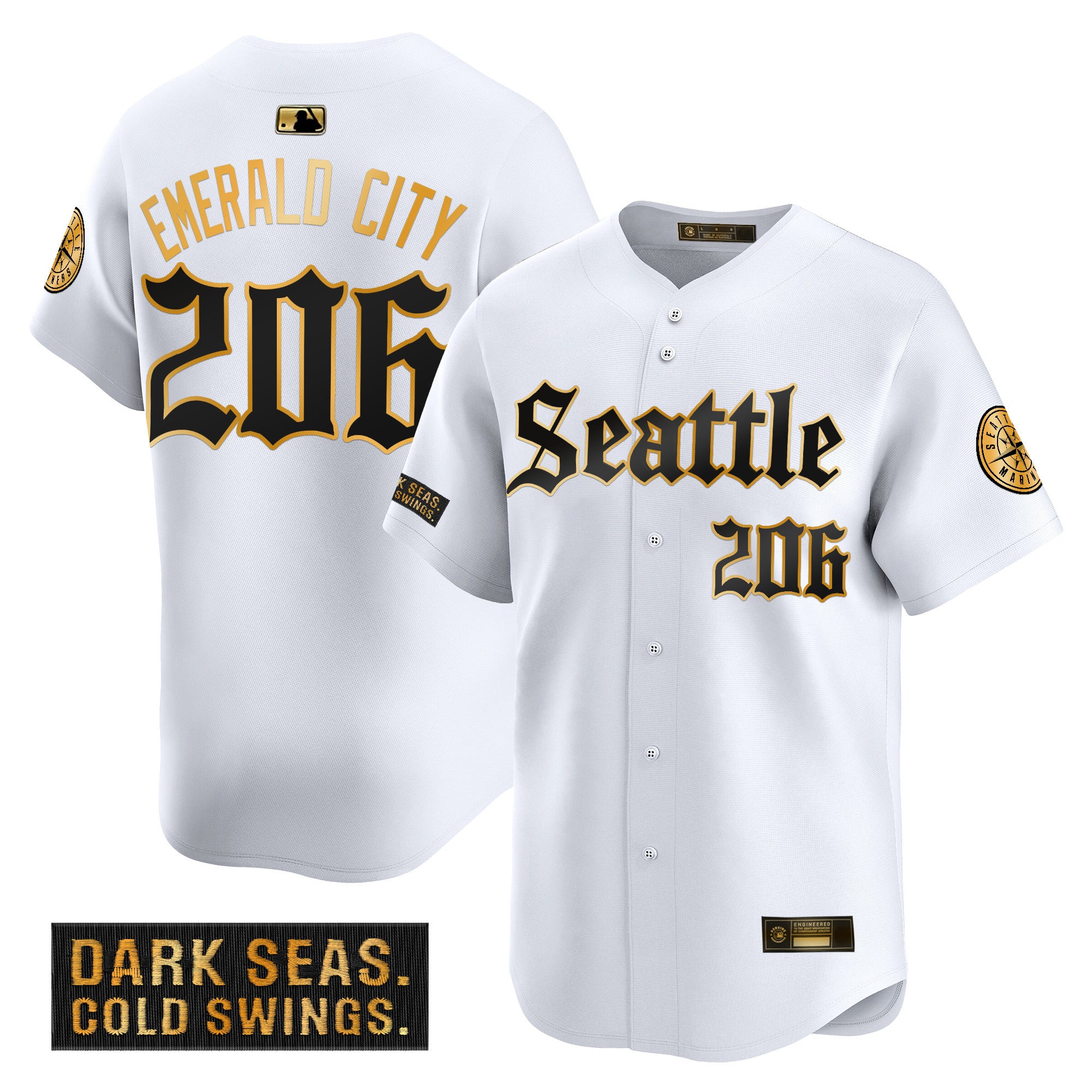 Men's Seattle Mariners 'Deep Sea Gothic Edition' Gold Vapor Premier Limited Jersey - All Stitched - White Gold, Emerald City 206