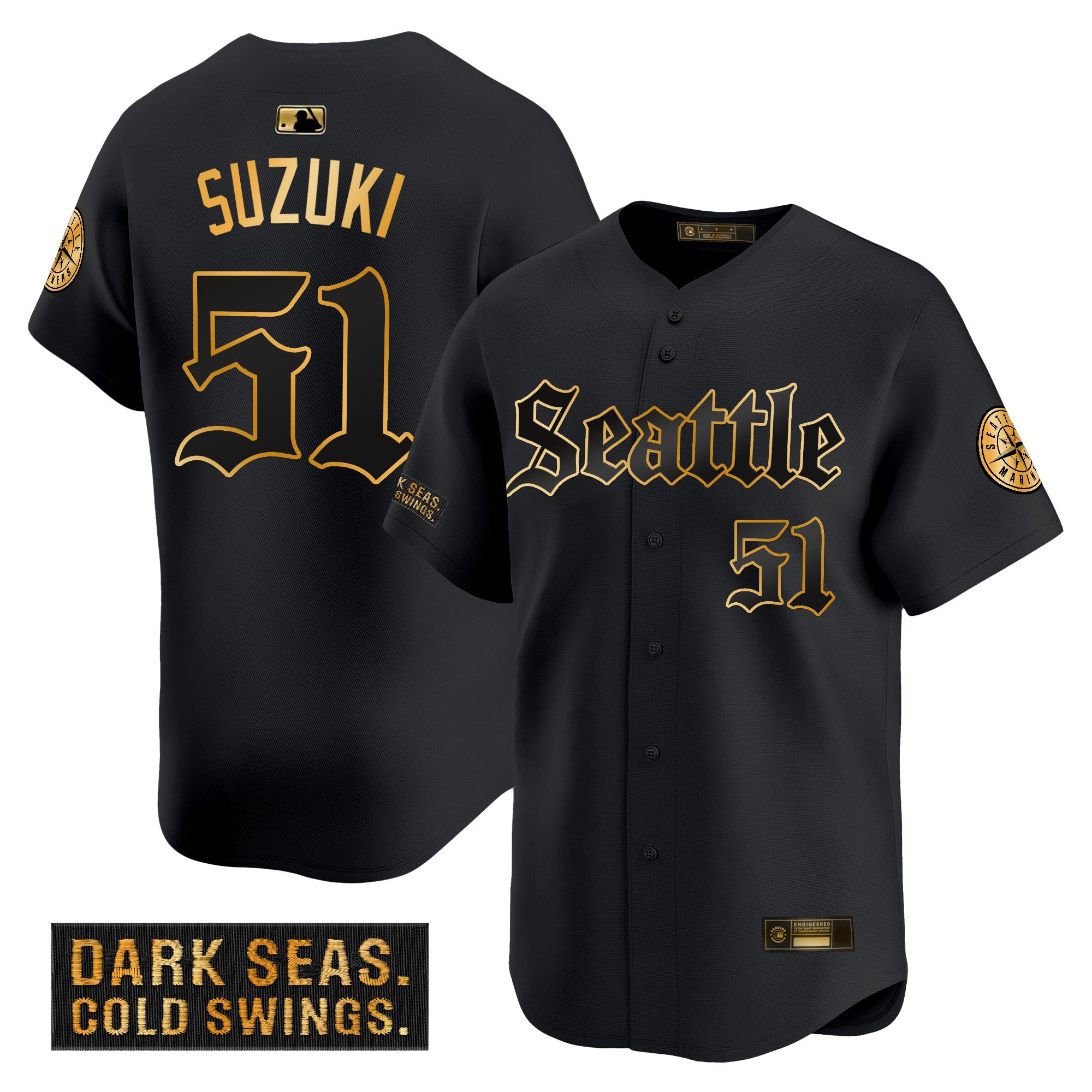 Men's Seattle Mariners 'Deep Sea Gothic Edition' Gold Vapor Premier Limited Jersey - All Stitched - Black Gold, Ichiro Suzuki