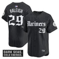 Men's Seattle Mariners 'Deep Sea Gothic Edition' Vapor Premier Limited Jersey V2 - All Stitched - Black Pinstripe, Cal Raleigh
