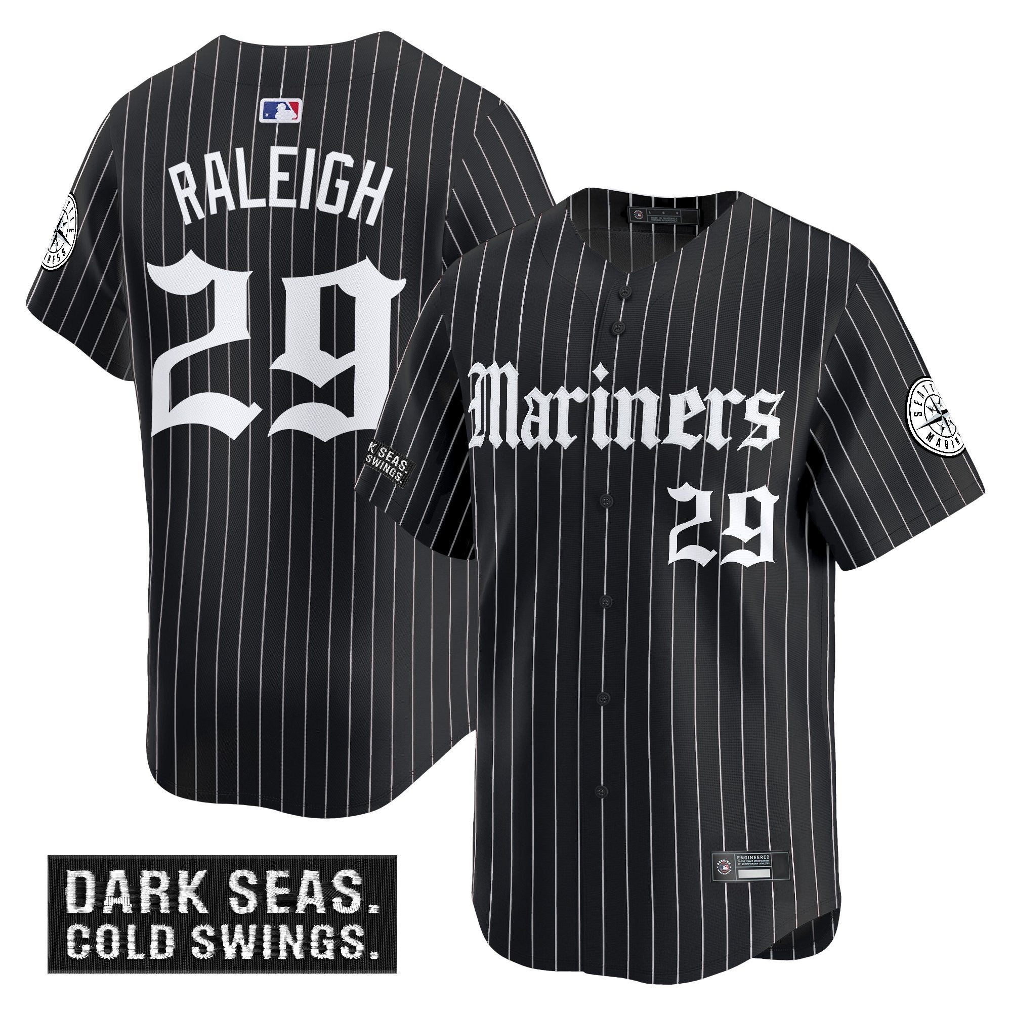 Men's Seattle Mariners 'Deep Sea Gothic Edition' Vapor Premier Limited Jersey V2 - All Stitched - Black Pinstripe, Cal Raleigh