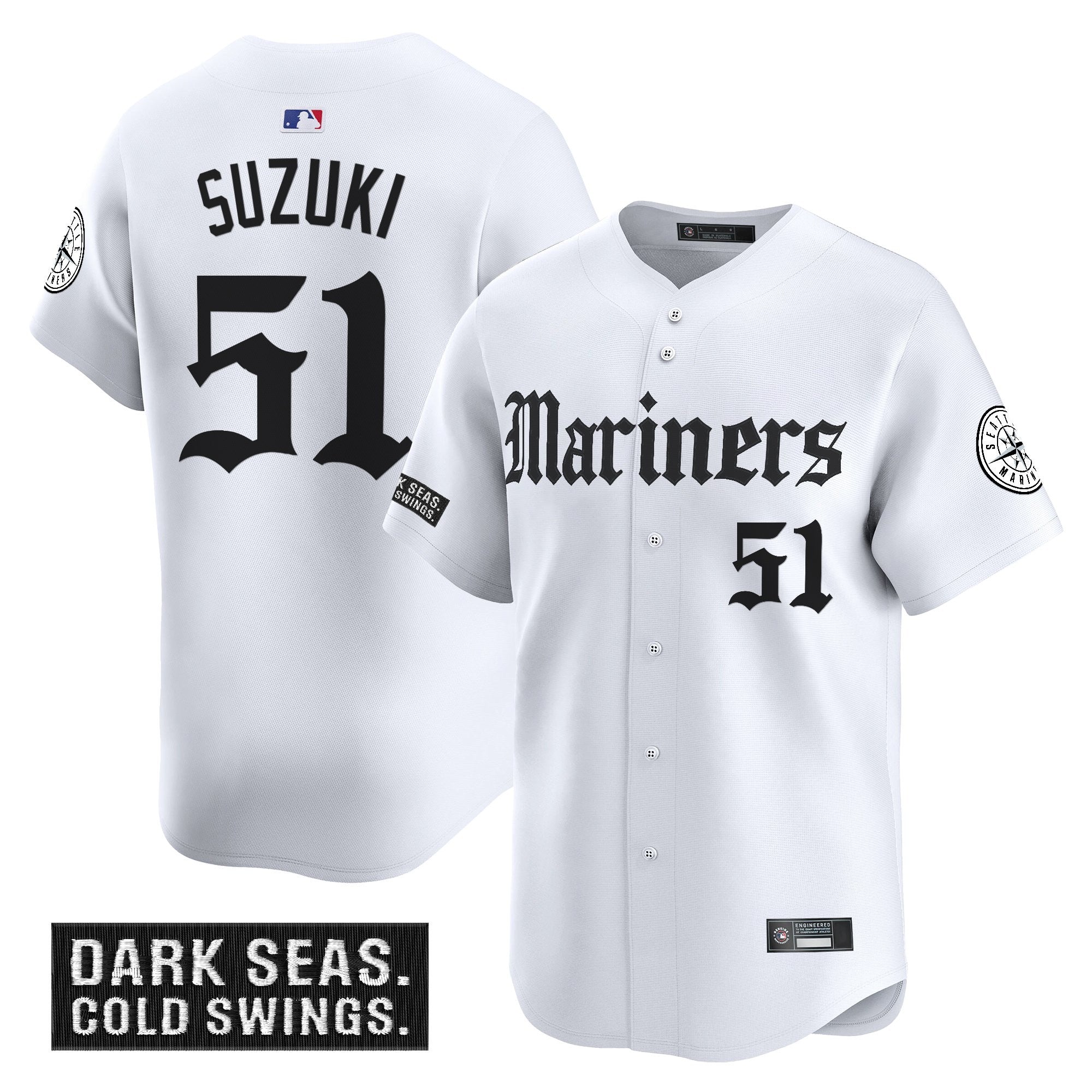 Men's Seattle Mariners 'Deep Sea Gothic Edition' Vapor Premier Limited Jersey V2 - All Stitched - White, Ichiro Suzuki