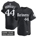 Men's Seattle Mariners 'Deep Sea Gothic Edition' Vapor Premier Limited Jersey V2 - All Stitched - Black Pinstripe, Julio Rodrígue
