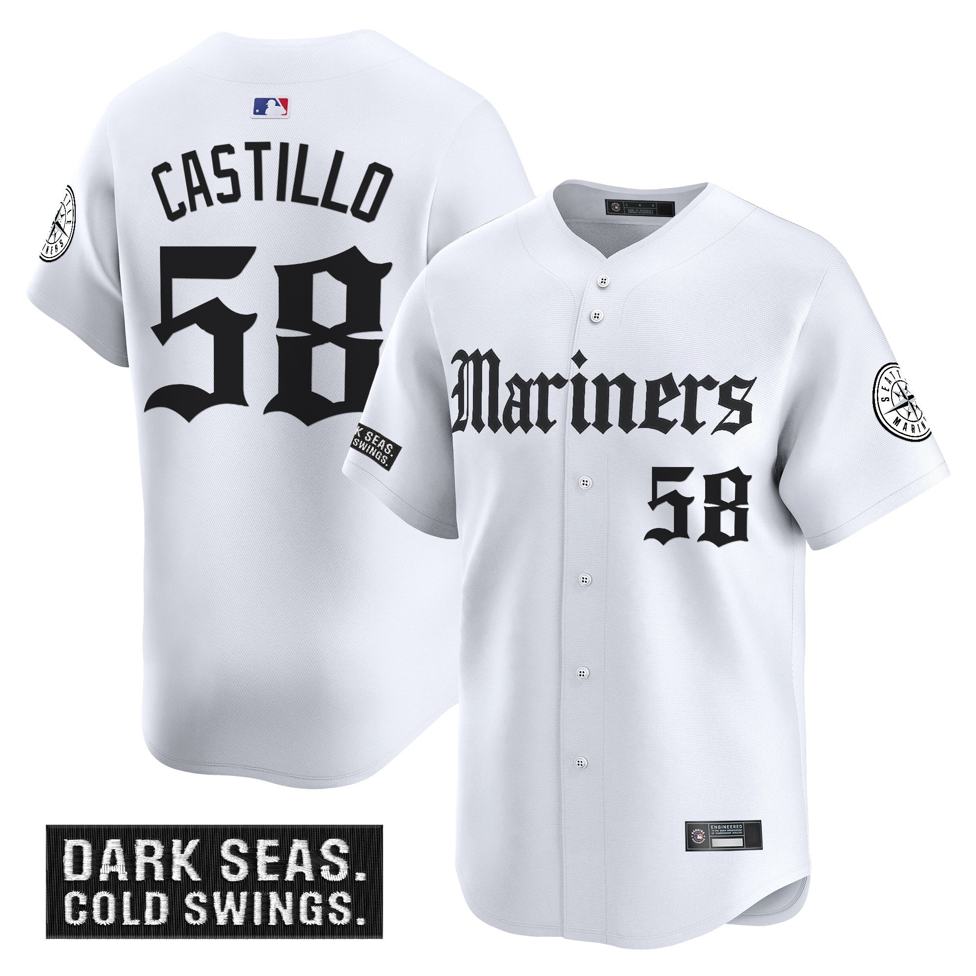Men's Seattle Mariners 'Deep Sea Gothic Edition' Vapor Premier Limited Jersey V2 - All Stitched - White, Luis Castillo