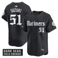 Men's Seattle Mariners 'Deep Sea Gothic Edition' Vapor Premier Limited Jersey V2 - All Stitched - Black Pinstripe, Ichiro Suzuki