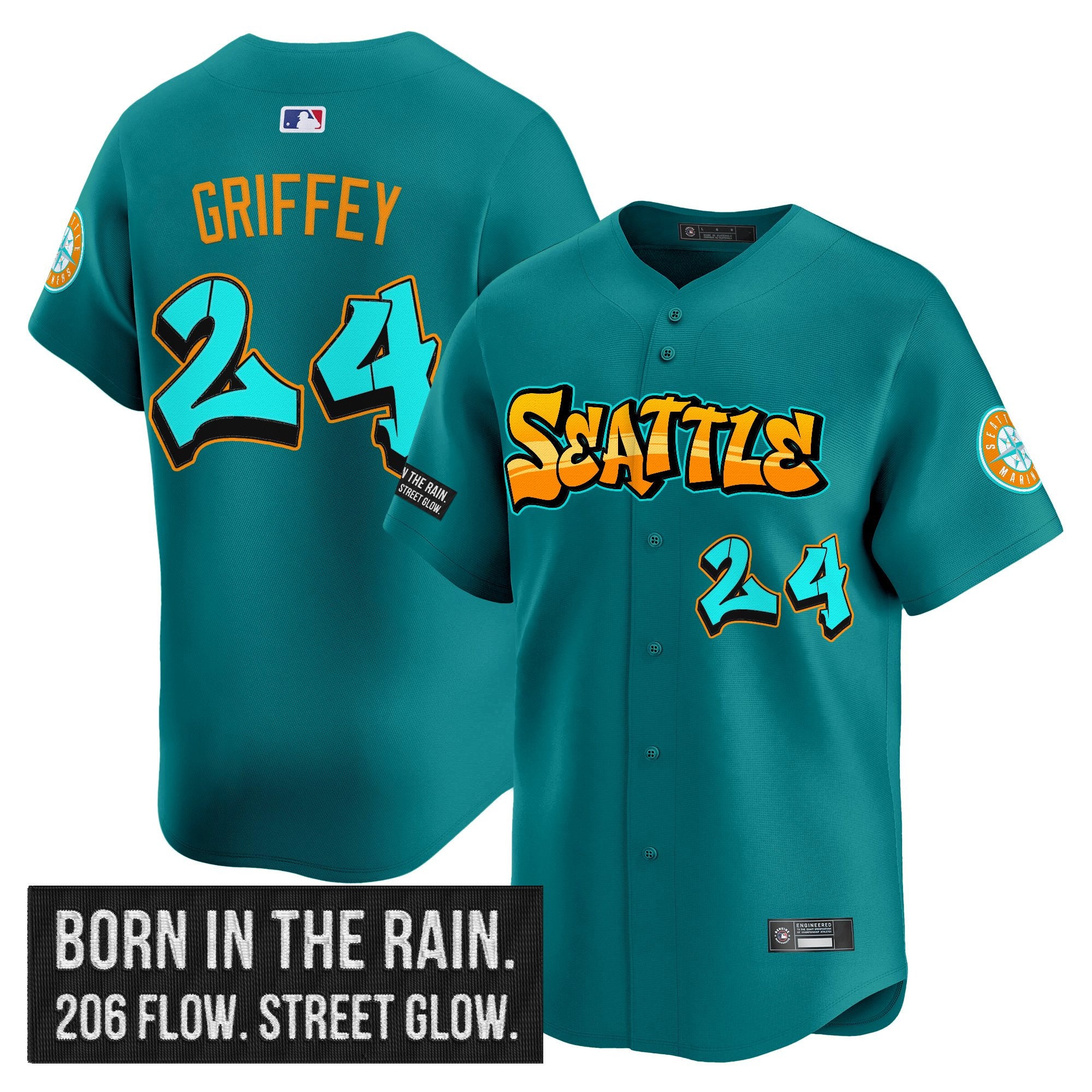 Men's Seattle Mariners 'Graffiti Emerald Drop Edition' Vapor Premier Limited Jersey - All Stitched - Teal, Ken Griffey Jr.