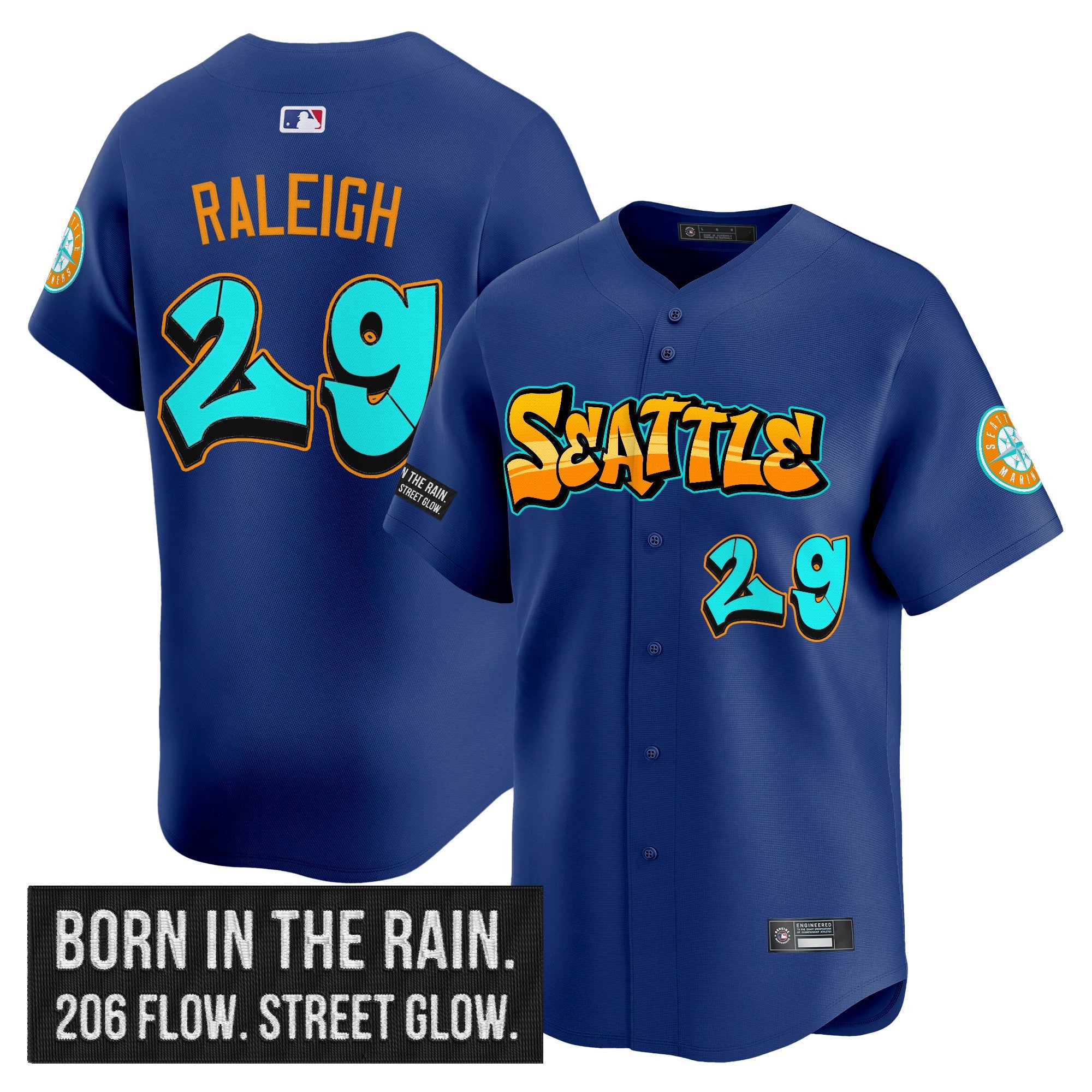 Men's Seattle Mariners 'Graffiti Emerald Drop Edition' Vapor Premier Limited Jersey - All Stitched - Royal, Cal Raleigh