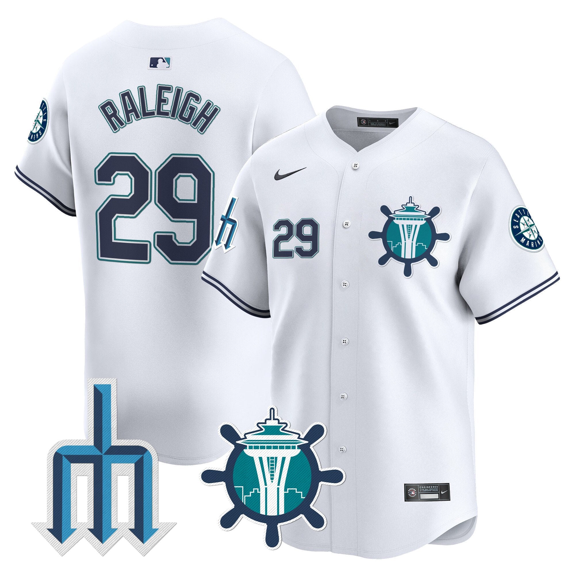Men's Seattle Mariners Trident Patch Vapor Premier Limited Jersey - All Stitched - White, Cal Raleigh