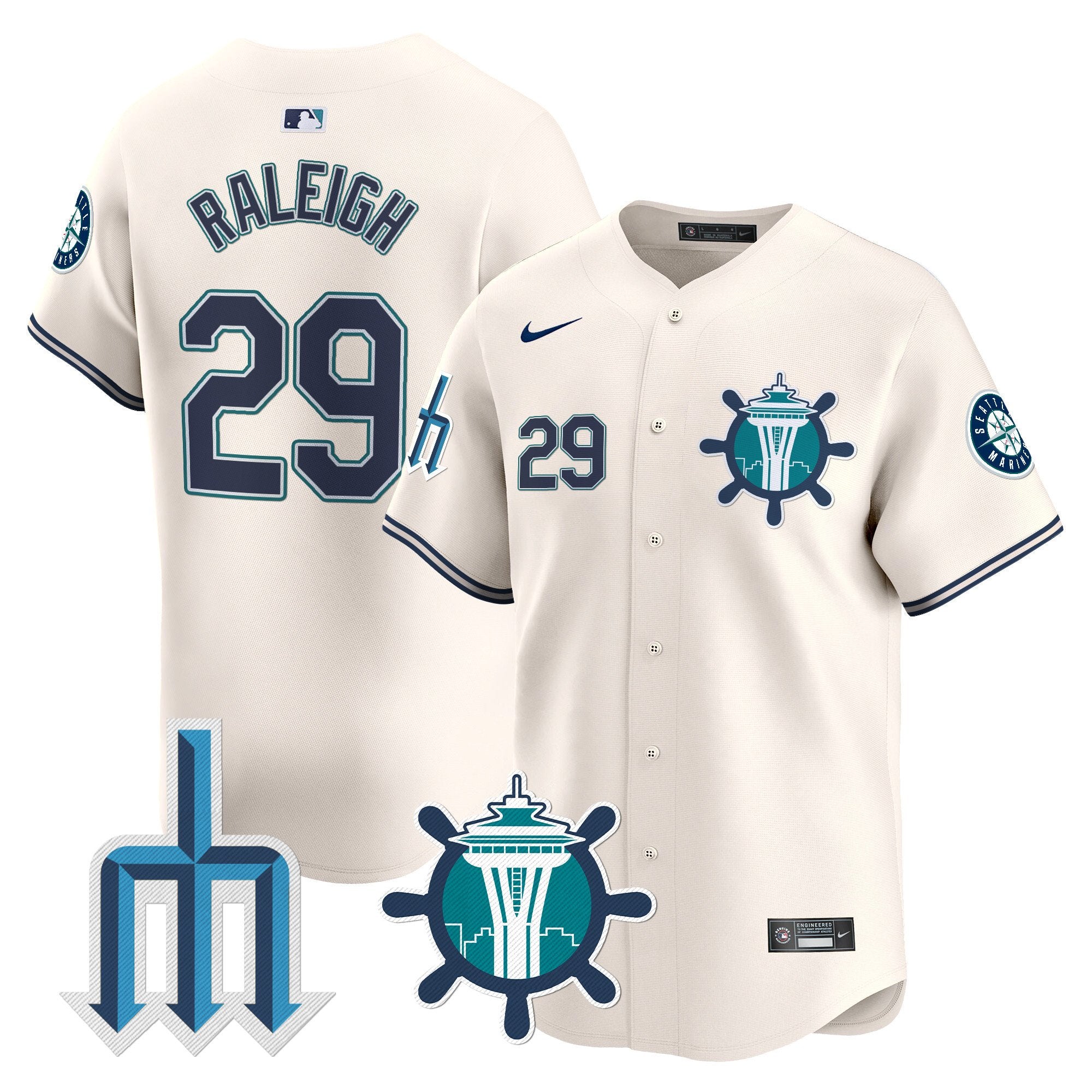 Men's Seattle Mariners Trident Patch Vapor Premier Limited Jersey - All Stitched - Cream, Cal Raleigh