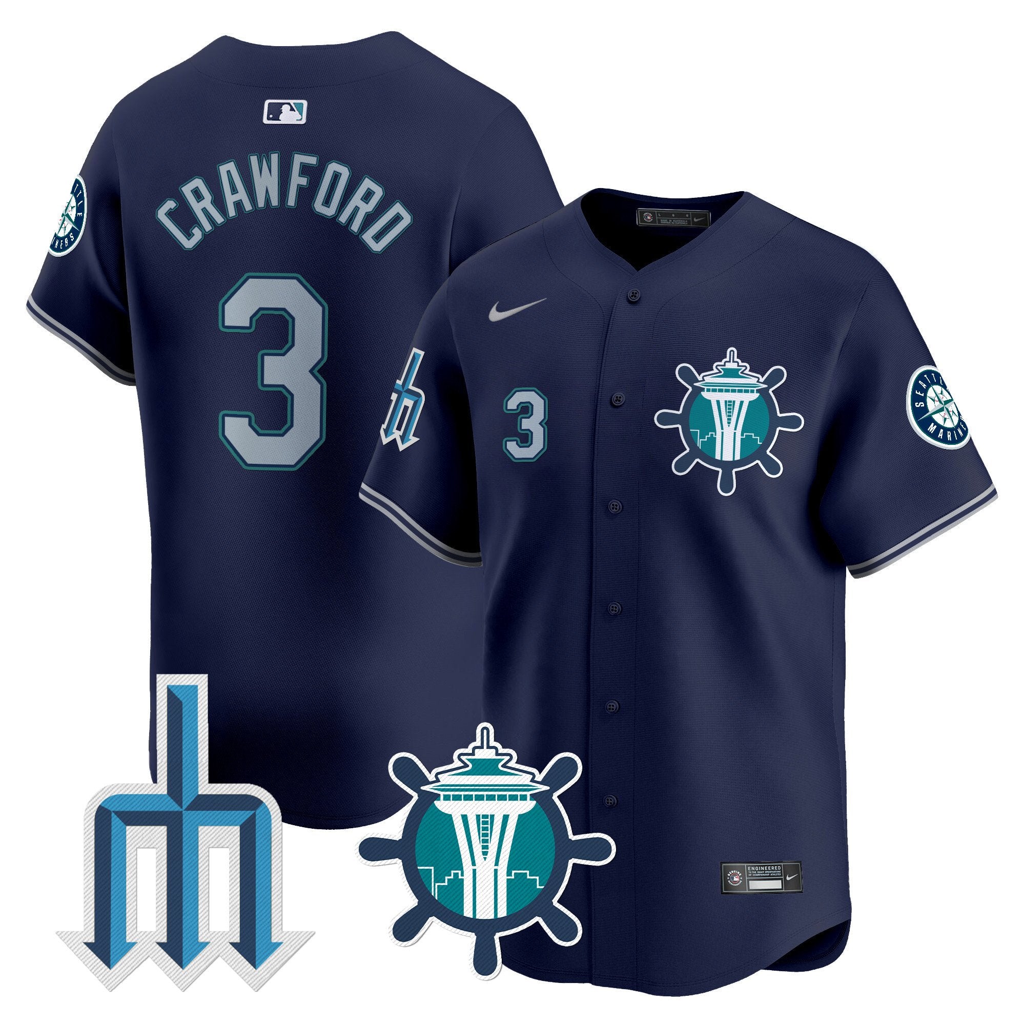 Men's Seattle Mariners Trident Patch Vapor Premier Limited Jersey - All Stitched - Navy, J.P. Crawford