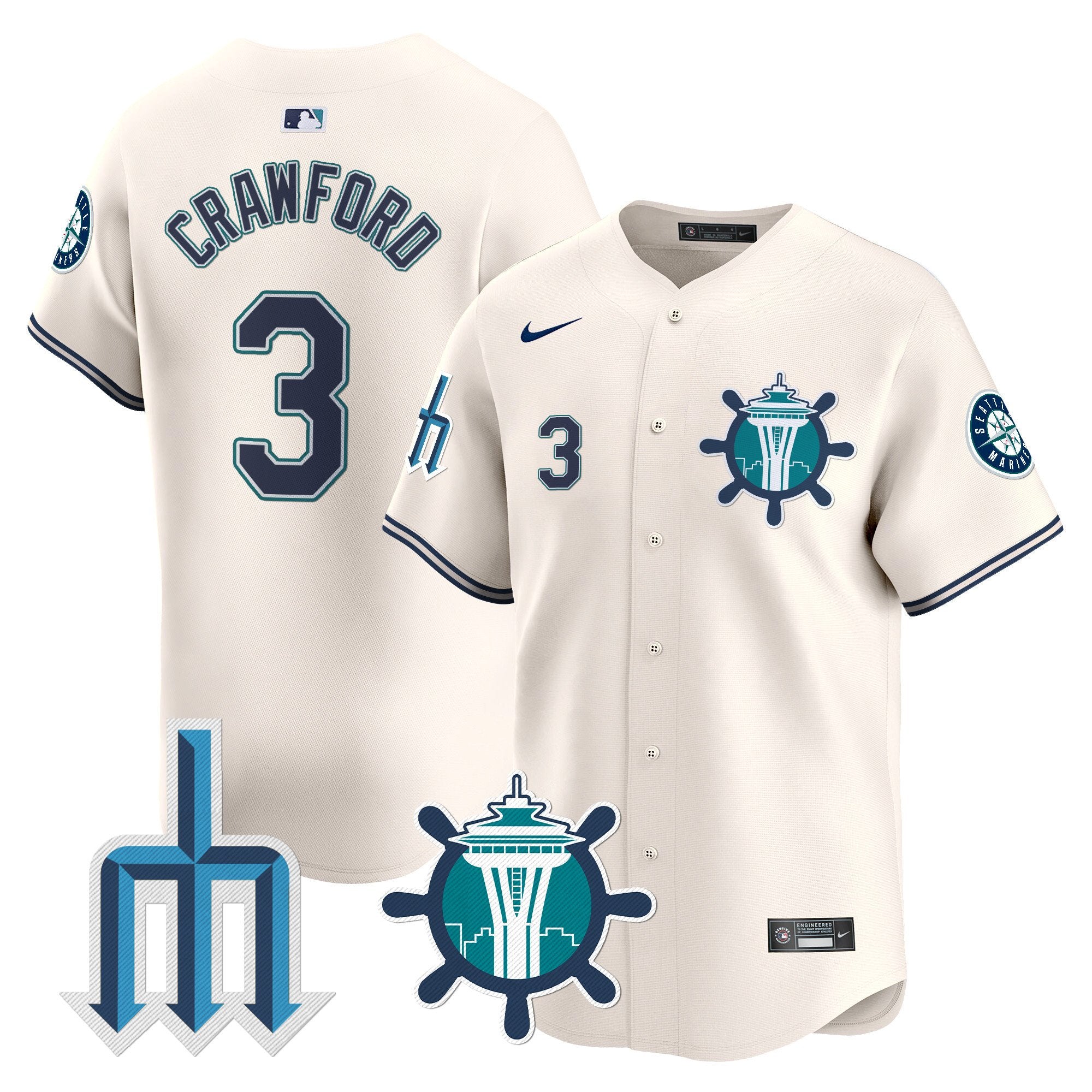 Men's Seattle Mariners Trident Patch Vapor Premier Limited Jersey - All Stitched - Cream, J.P. Crawford