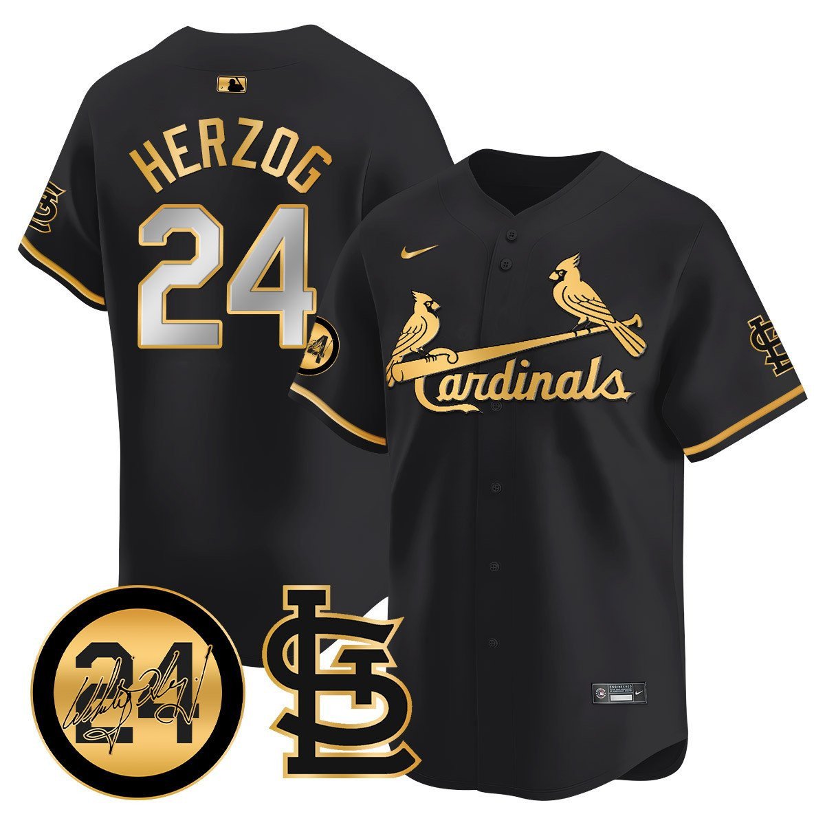 Men's St. Louis Cardinals Memorial Vapor Premier Limited Jersey - All Stitched - Black Gold, Whitey Herzog