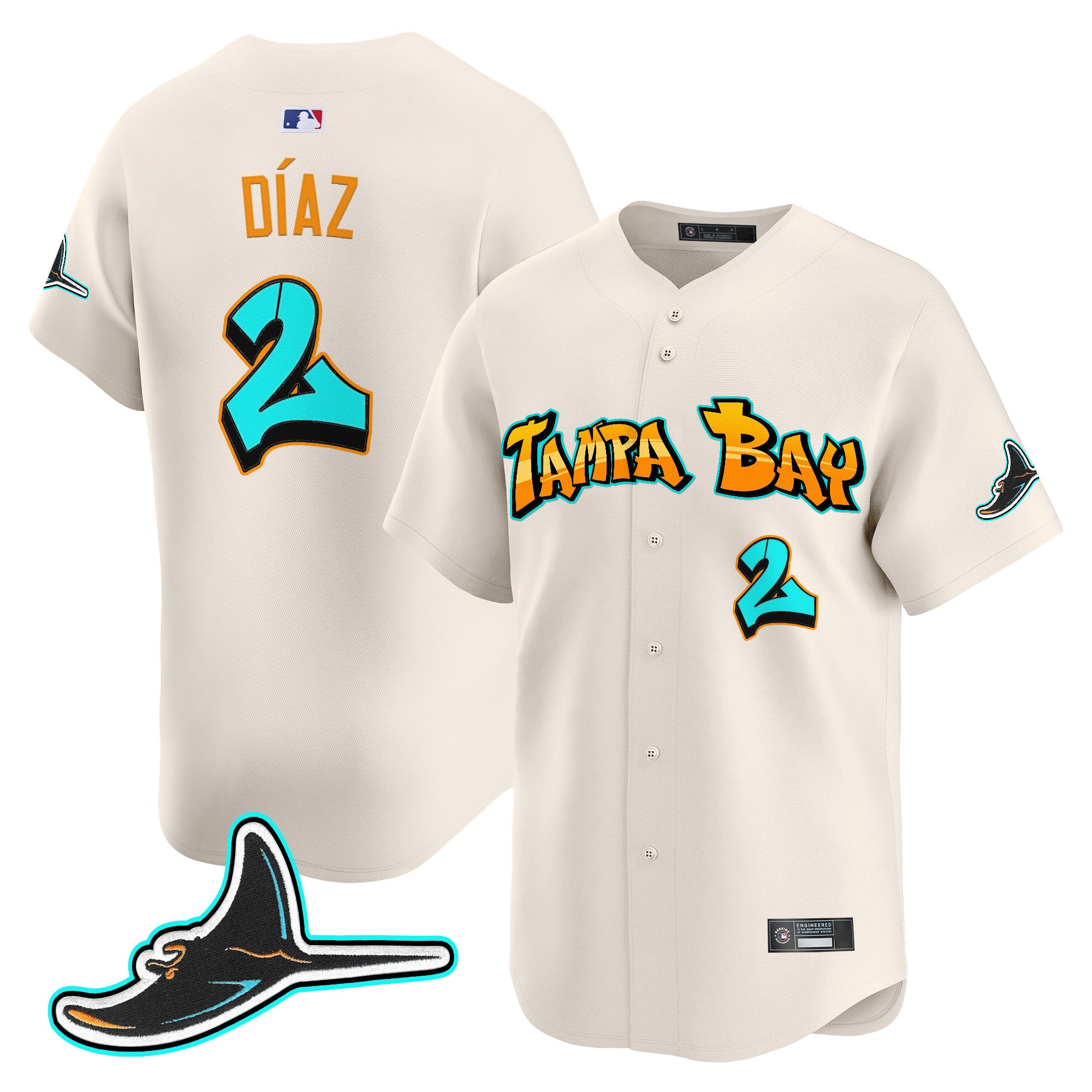 Men's Tampa Bay Rays 'Graffiti Gulfside Edition' Vapor Premier Limited Jersey - All Stitched - Cream, Yandy Díaz