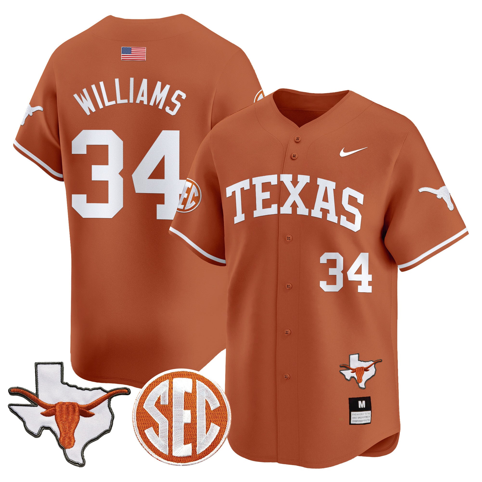 Men's Texas Longhorns 2024 Vapor Premier Baseball Jersey - All Stitched - Texas Orange, Ricky Williams