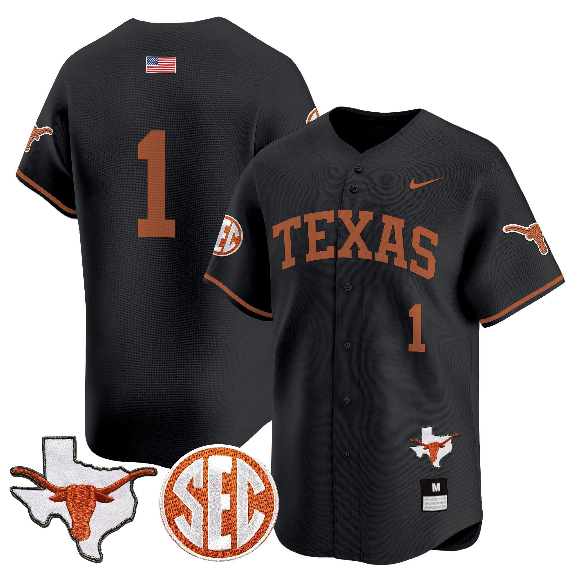 Men's Texas Longhorns 2024 Vapor Premier Baseball Jersey - All Stitched - Black, #1 Team