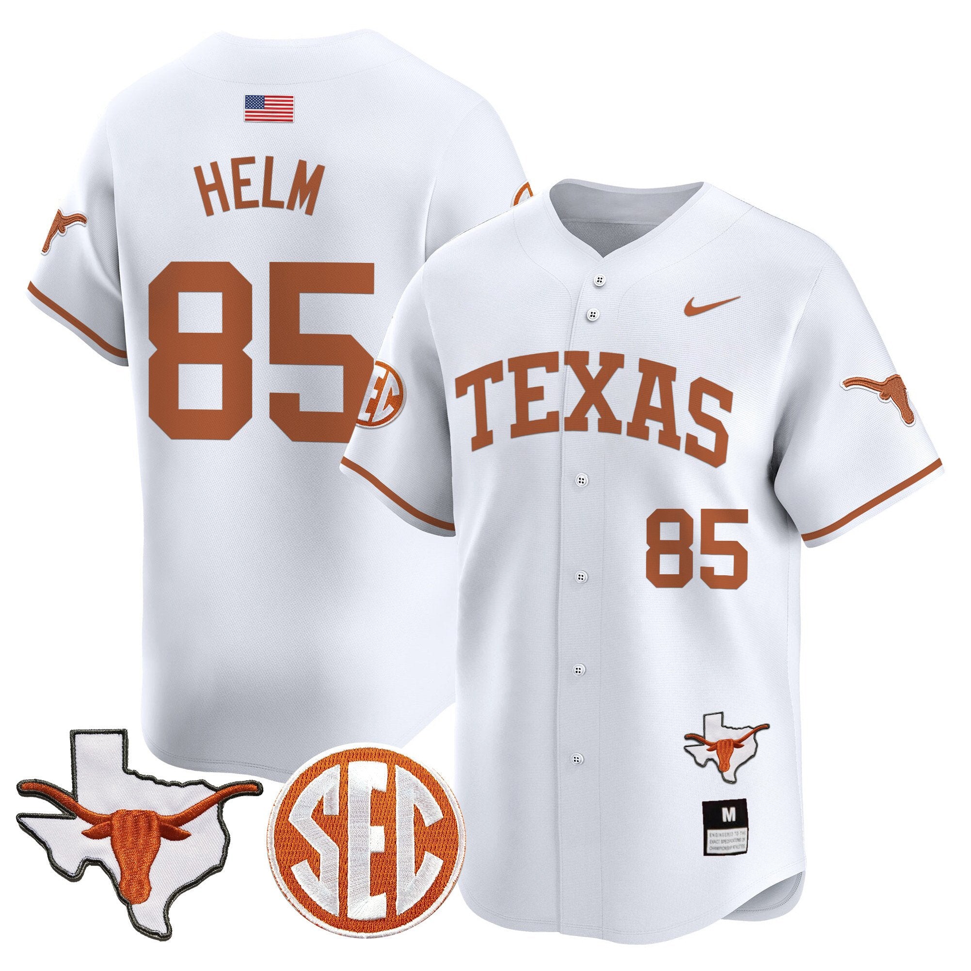 Men's Texas Longhorns 2024 Vapor Premier Baseball Jersey - All Stitched - White, Gunnar Helm