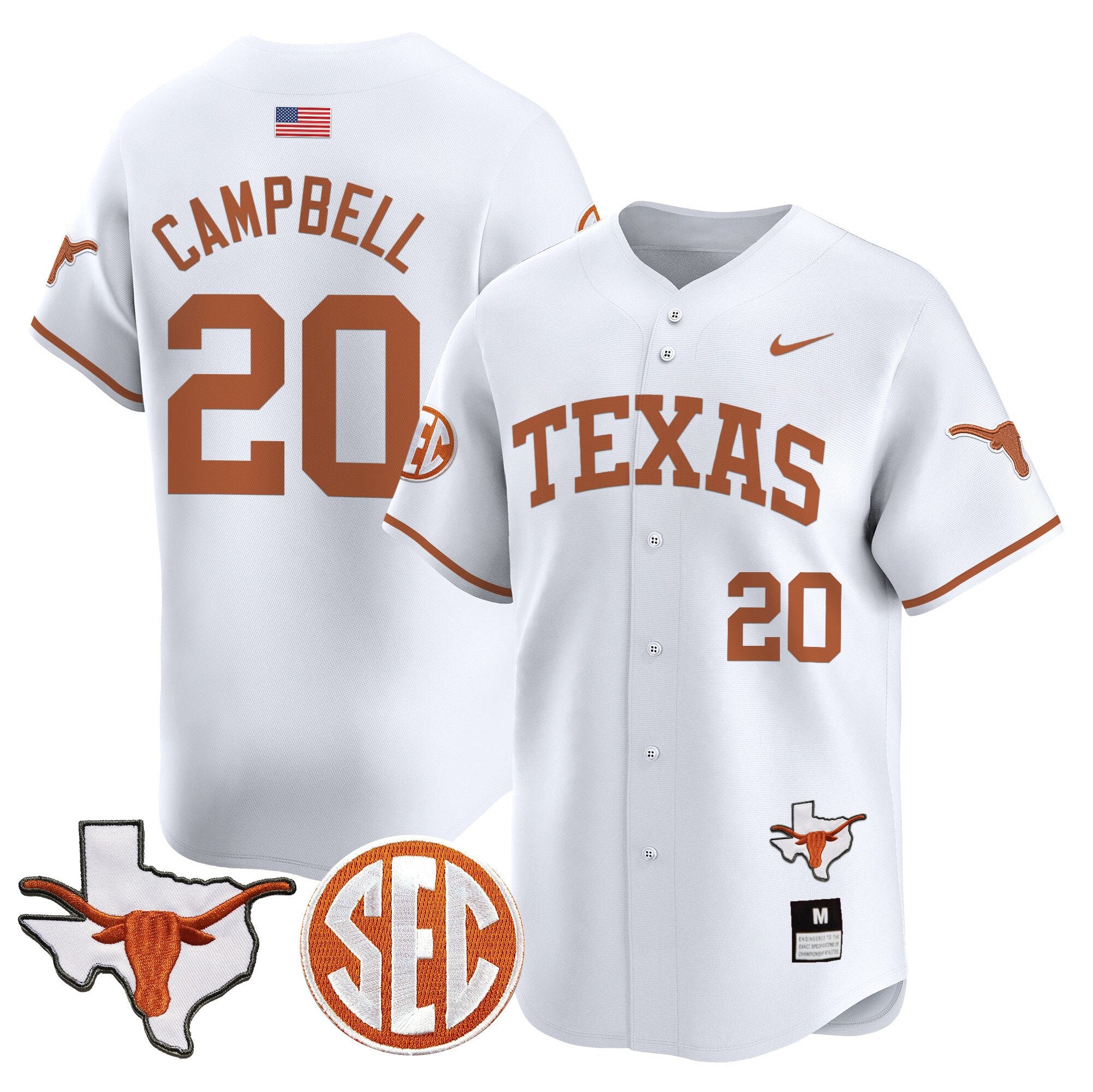 Men's Texas Longhorns 2024 Vapor Premier Baseball Jersey - All Stitched - White, Earl Campbell