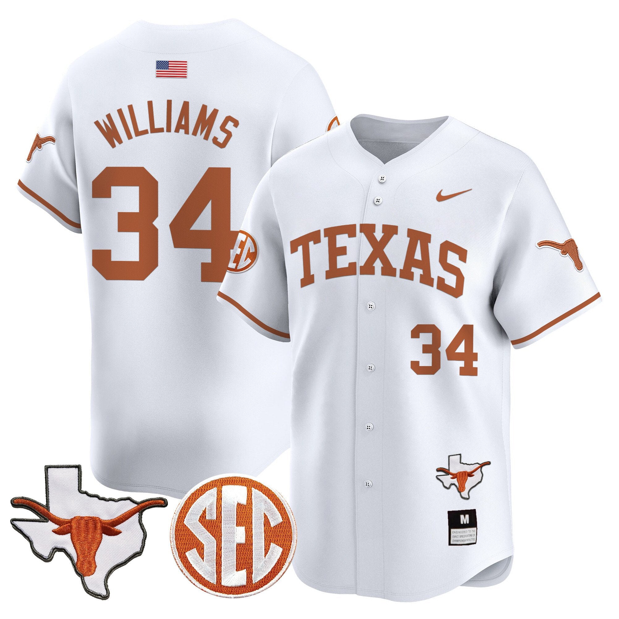 Men's Texas Longhorns 2024 Vapor Premier Baseball Jersey - All Stitched - White, Ricky Williams