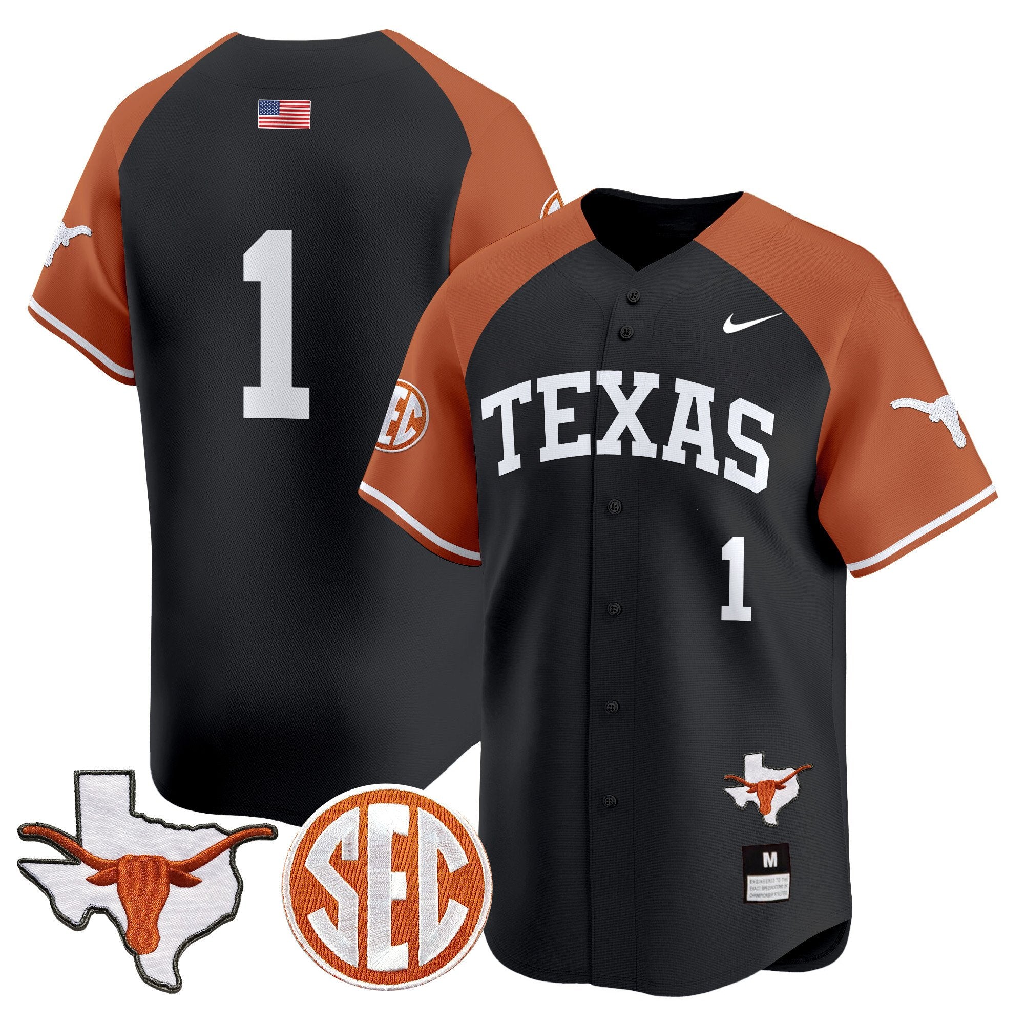 Men's Texas Longhorns 2024 Vapor Premier Baseball Jersey - All Stitched - Black Alternate, #1 Team