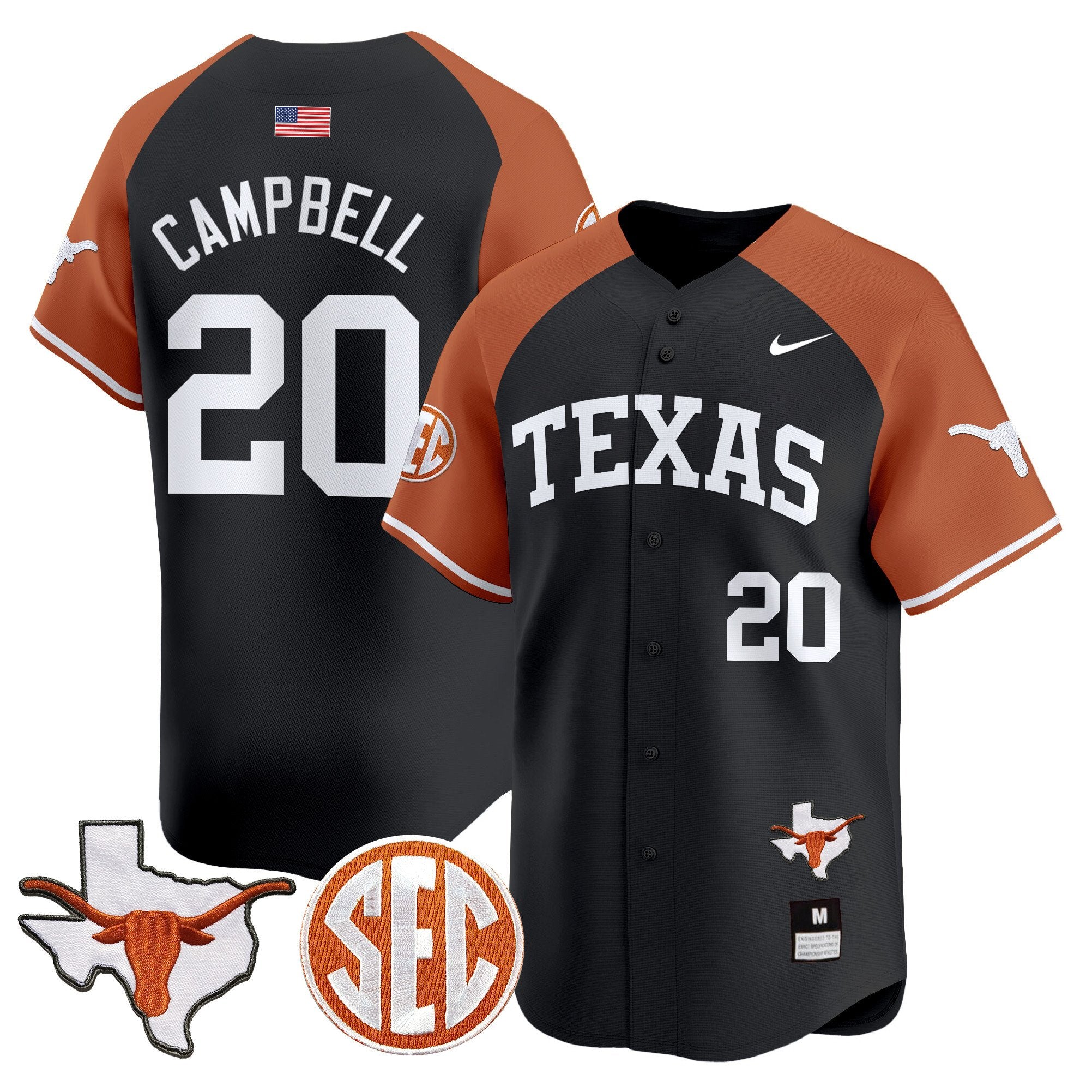 Men's Texas Longhorns 2024 Vapor Premier Baseball Jersey - All Stitched - Black Alternate, Earl Campbell