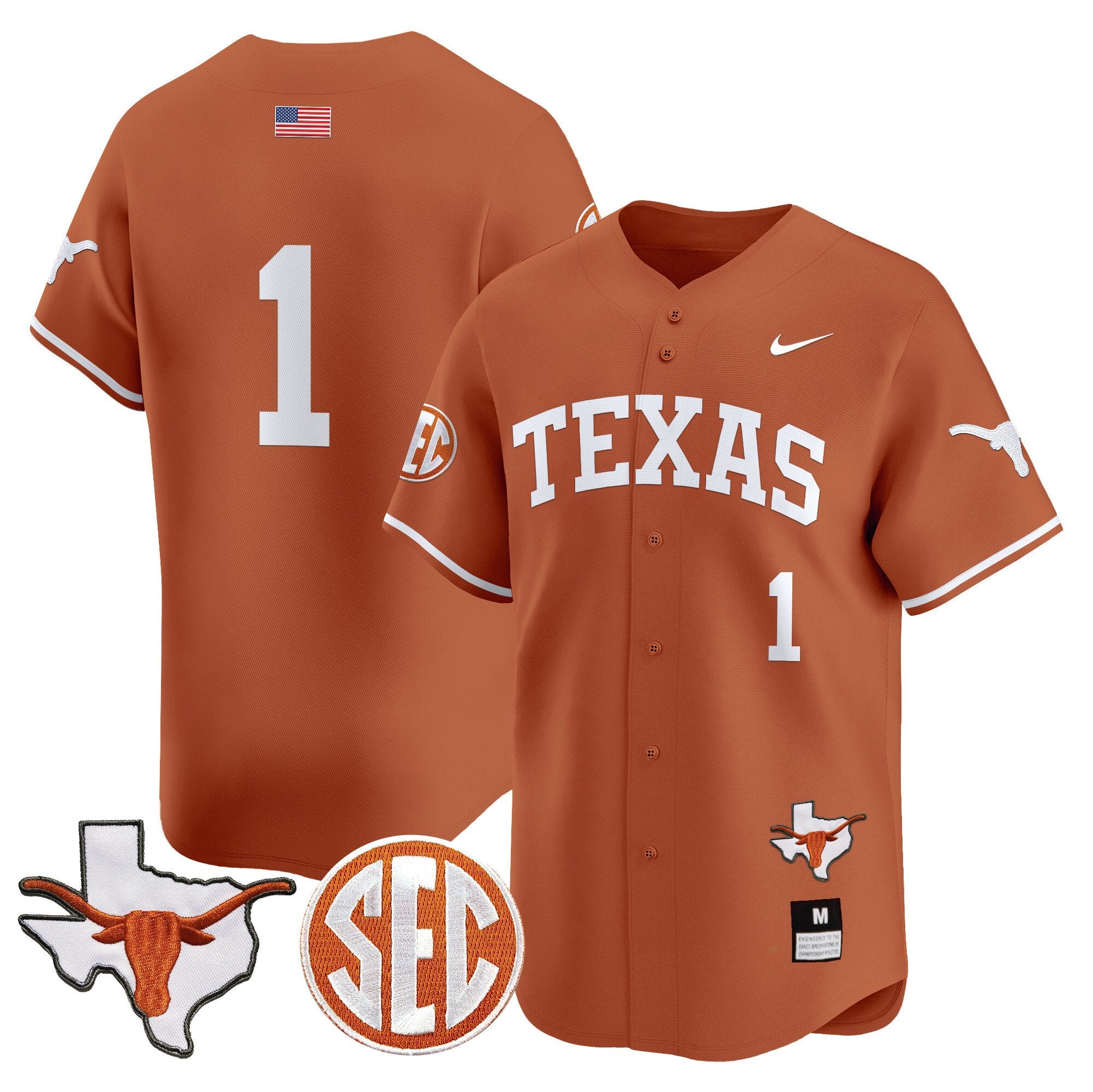 Men's Texas Longhorns 2024 Vapor Premier Baseball Jersey - All Stitched - Texas Orange, #1 Team