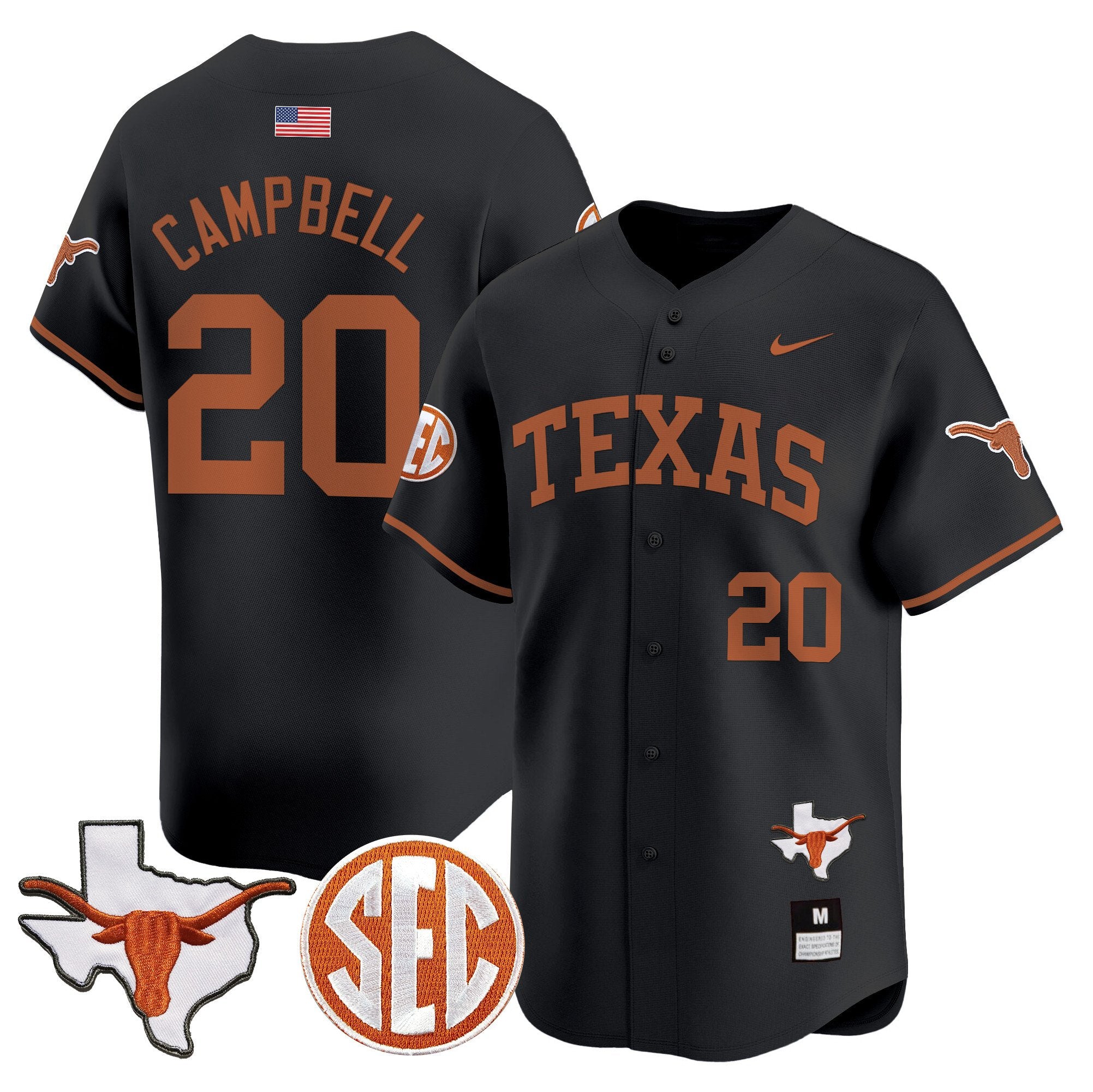 Men's Texas Longhorns 2024 Vapor Premier Baseball Jersey - All Stitched - Black, Earl Campbell