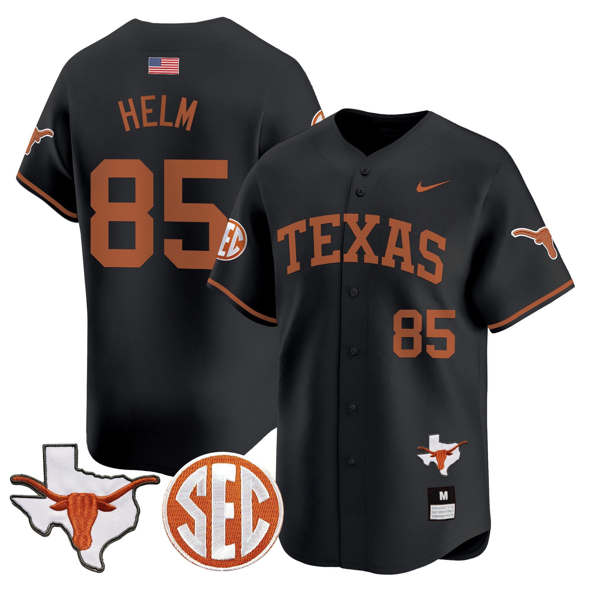 Men's Texas Longhorns 2024 Vapor Premier Baseball Jersey - All Stitched - Black, Gunnar Helm