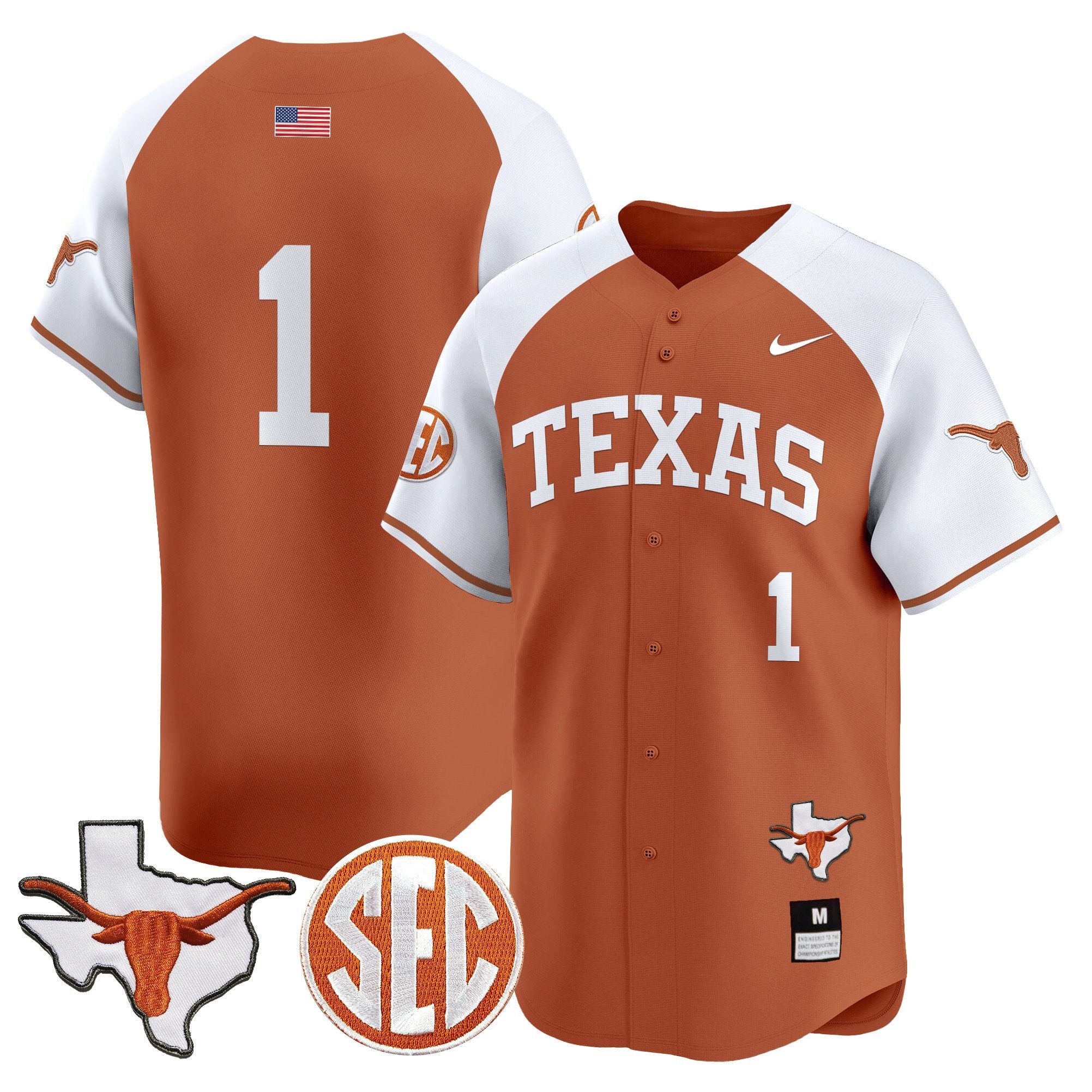 Men's Texas Longhorns 2024 Vapor Premier Baseball Jersey - All Stitched - Orange Alternate, #1 Team