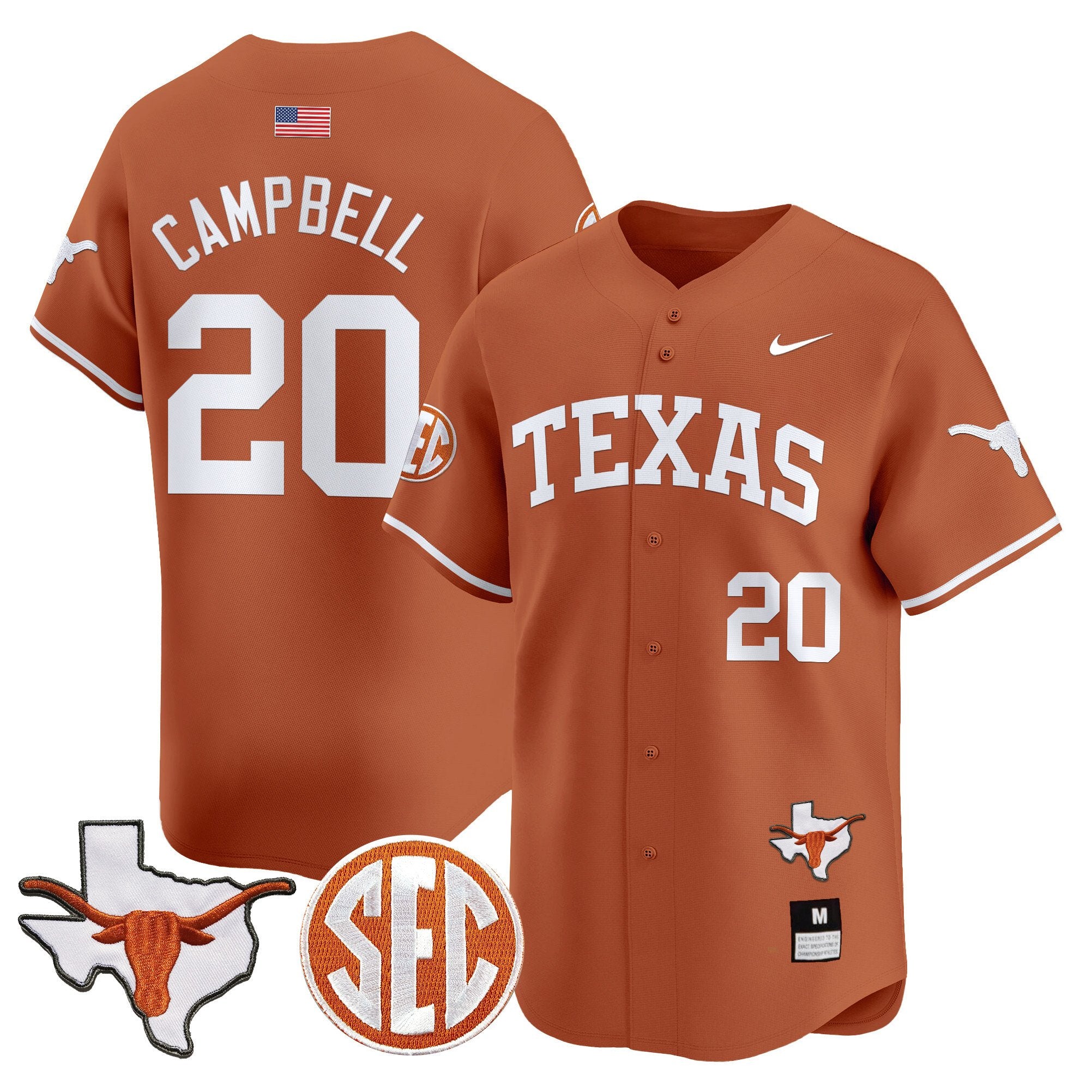 Men's Texas Longhorns 2024 Vapor Premier Baseball Jersey - All Stitched - Texas Orange, Earl Campbell