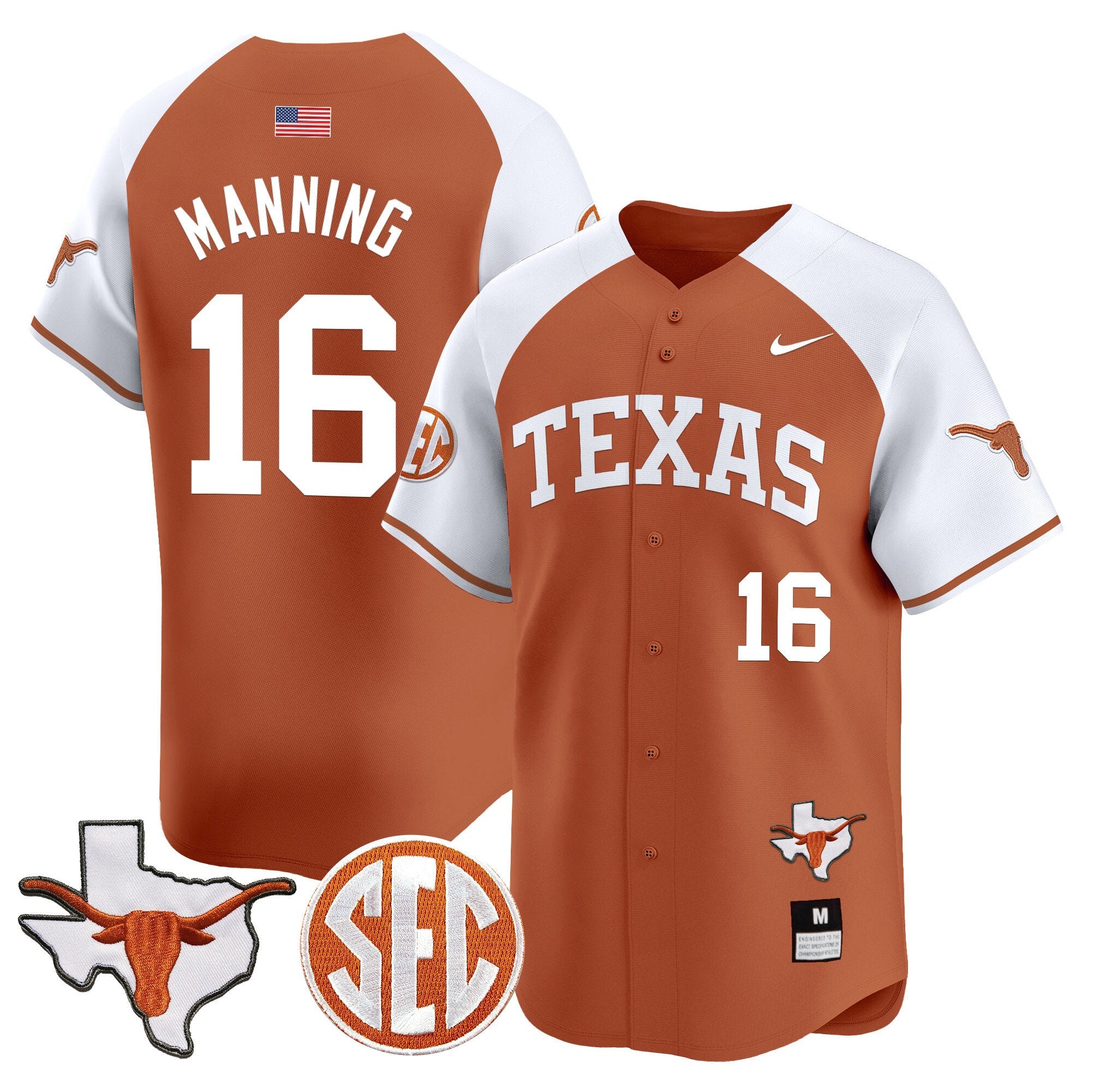 Men's Texas Longhorns 2024 Vapor Premier Baseball Jersey - All Stitched - Orange Alternate, Arch Manning