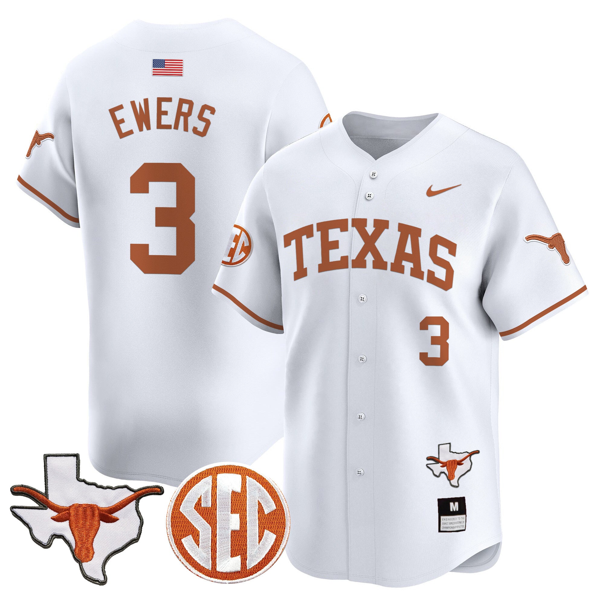Men's Texas Longhorns 2024 Vapor Premier Baseball Jersey - All Stitched - White, Quinn Ewers