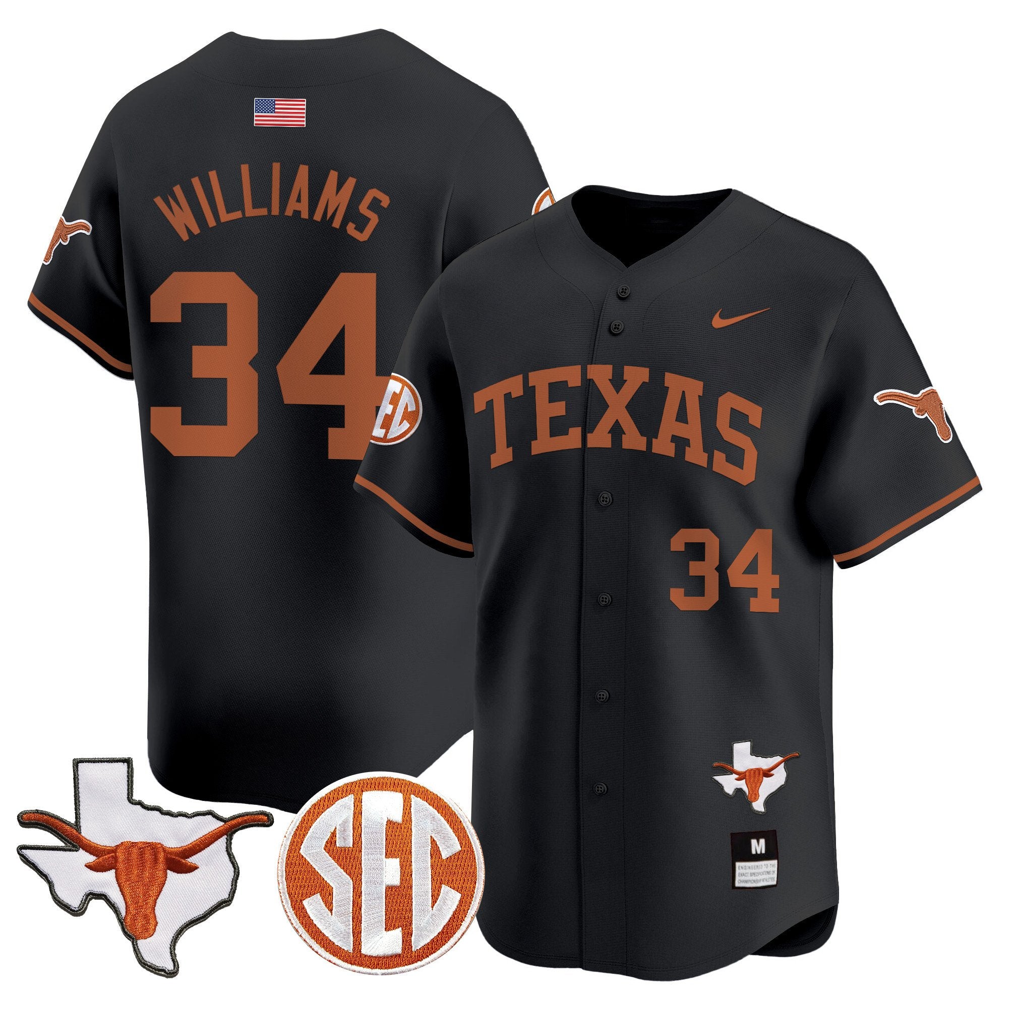 Men's Texas Longhorns 2024 Vapor Premier Baseball Jersey - All Stitched - Black, Ricky Williams