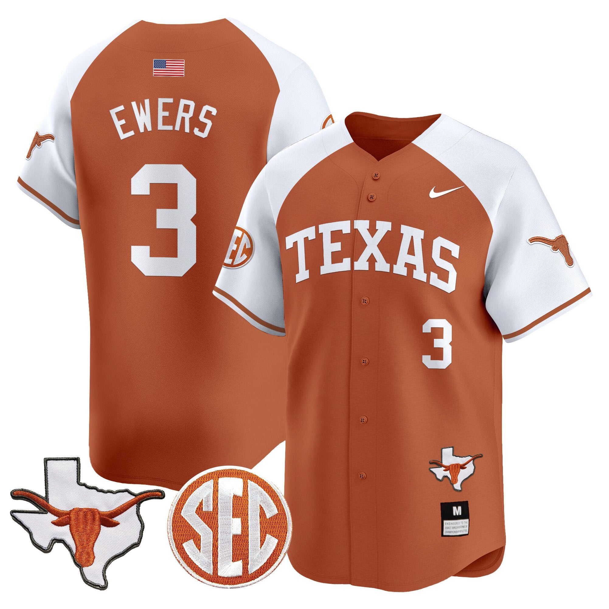 Men's Texas Longhorns 2024 Vapor Premier Baseball Jersey - All Stitched - Orange Alternate, Quinn Ewers