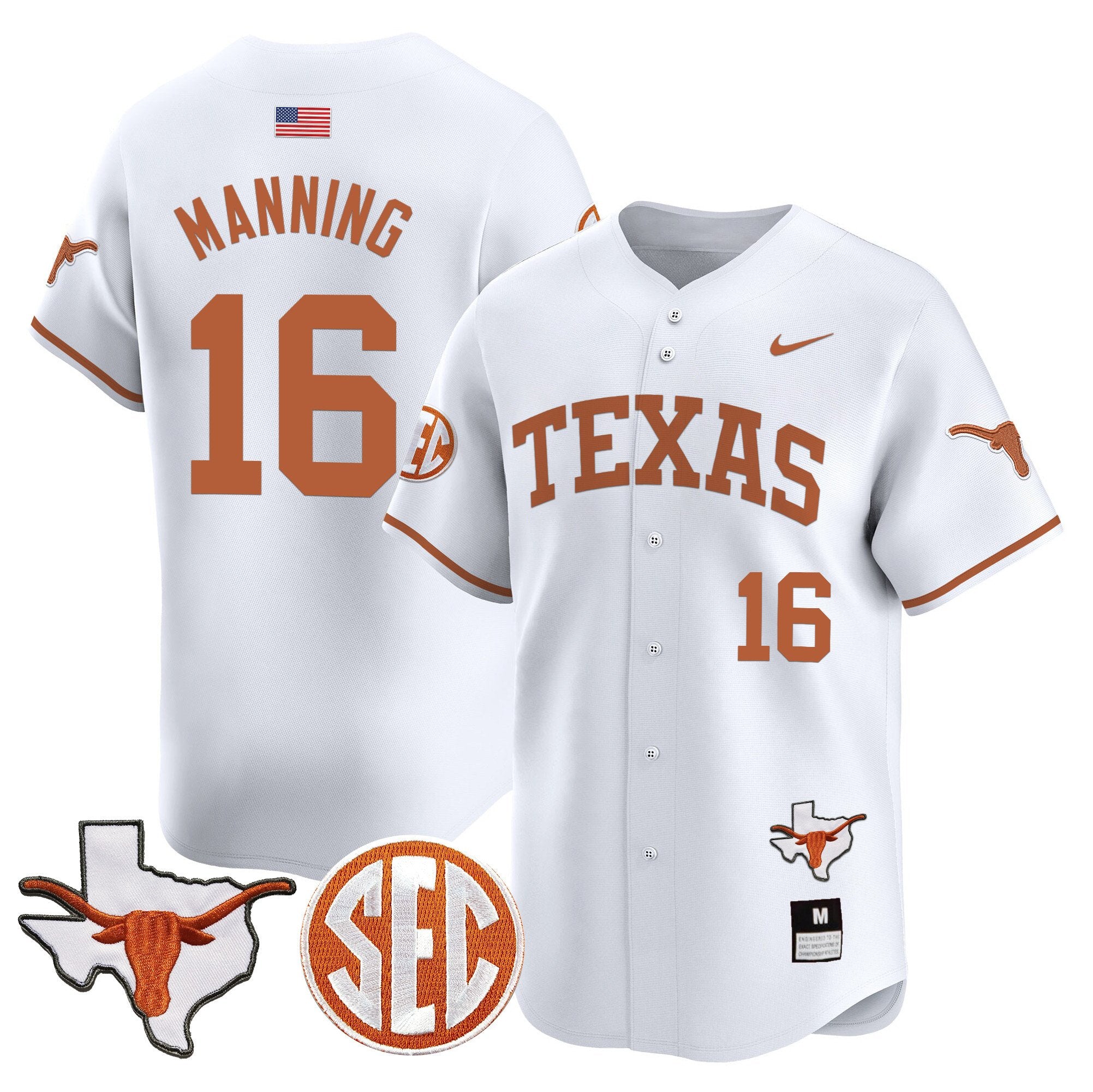 Men's Texas Longhorns 2024 Vapor Premier Baseball Jersey - All Stitched - White, Arch Manning
