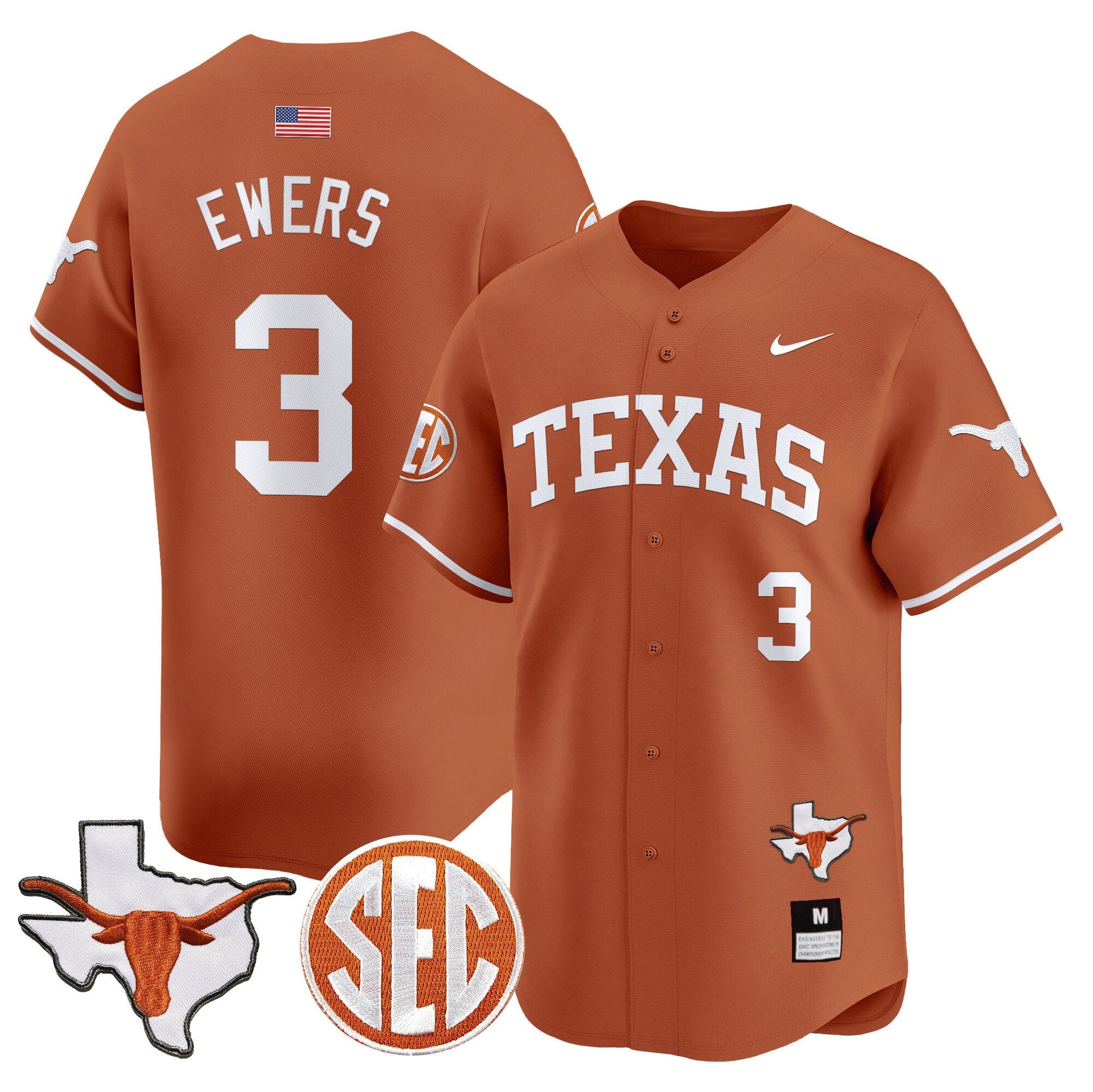Men's Texas Longhorns 2024 Vapor Premier Baseball Jersey - All Stitched - Texas Orange, Quinn Ewers