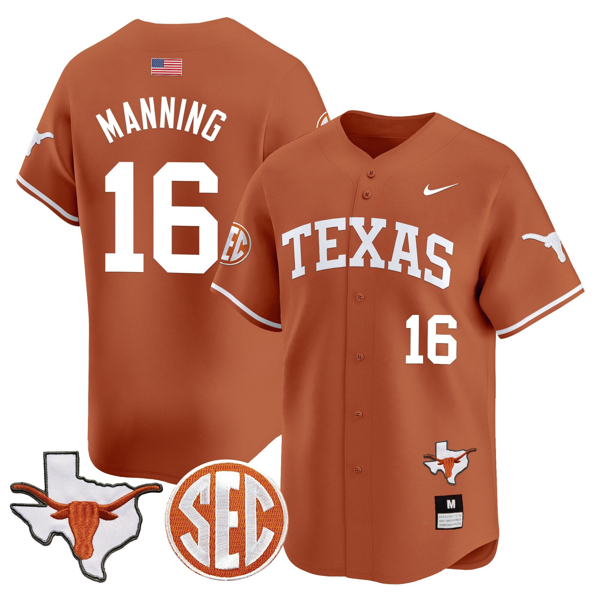 Men's Texas Longhorns 2024 Vapor Premier Baseball Jersey - All Stitched - Texas Orange, Arch Manning