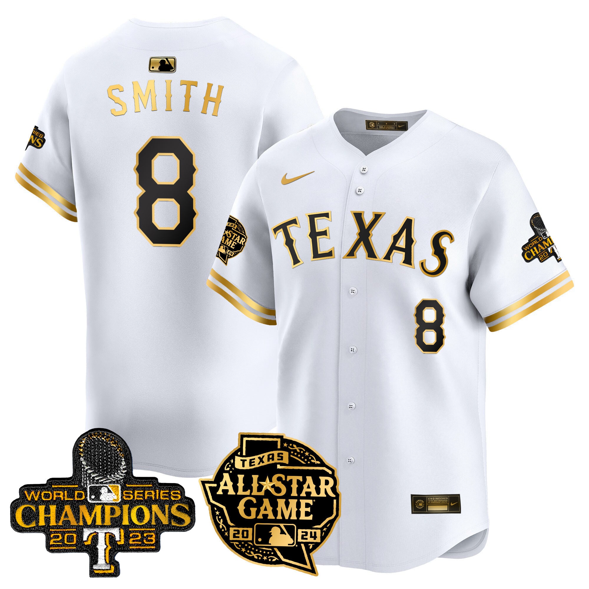 Men's Texas Rangers 2024 All Star Game Patch Vapor Premier Limited Jersey - All Stitched - White Gold, Josh Smith