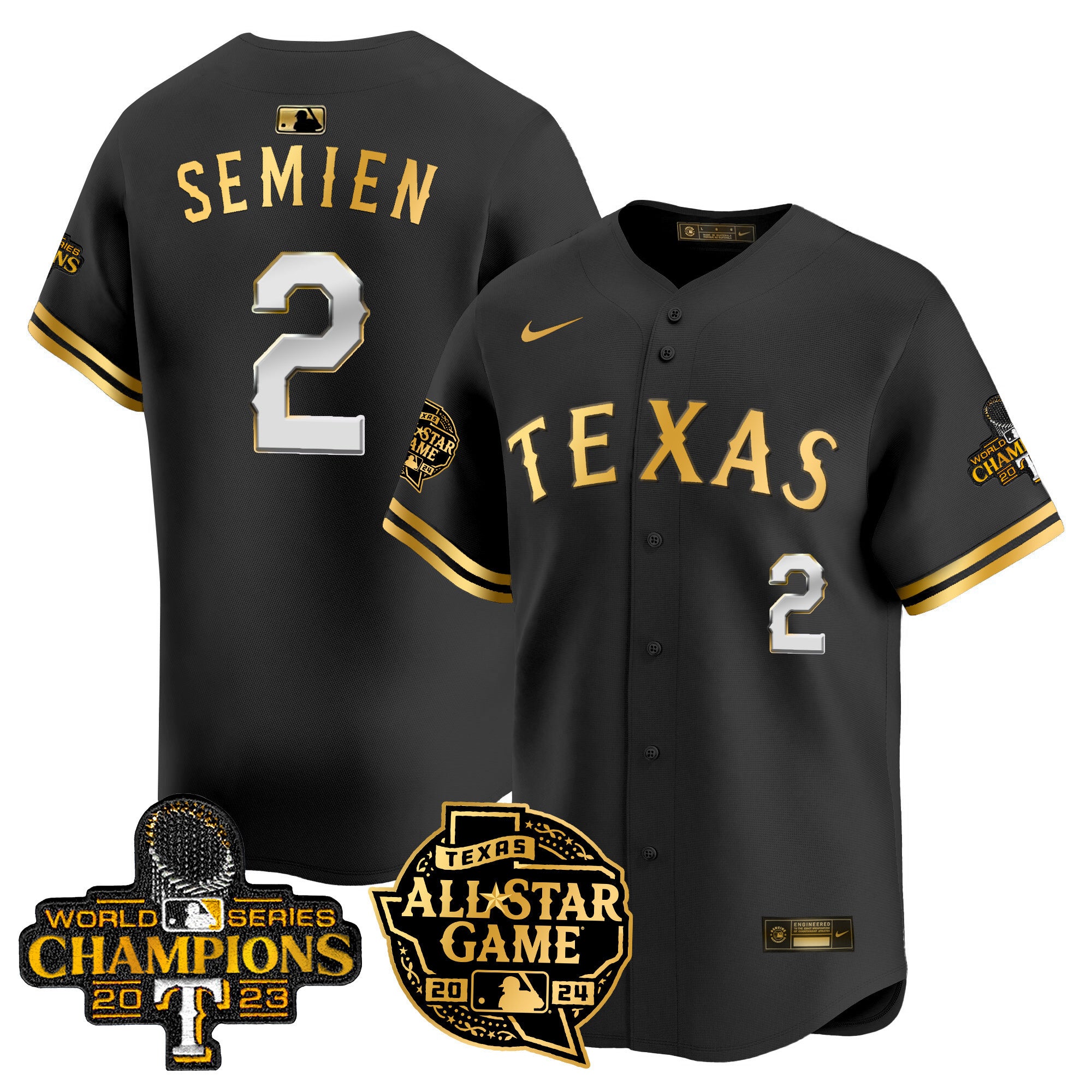 Men's Texas Rangers 2024 All Star Game Patch Vapor Premier Limited Jersey - All Stitched - Black Gold, Marcus Semien