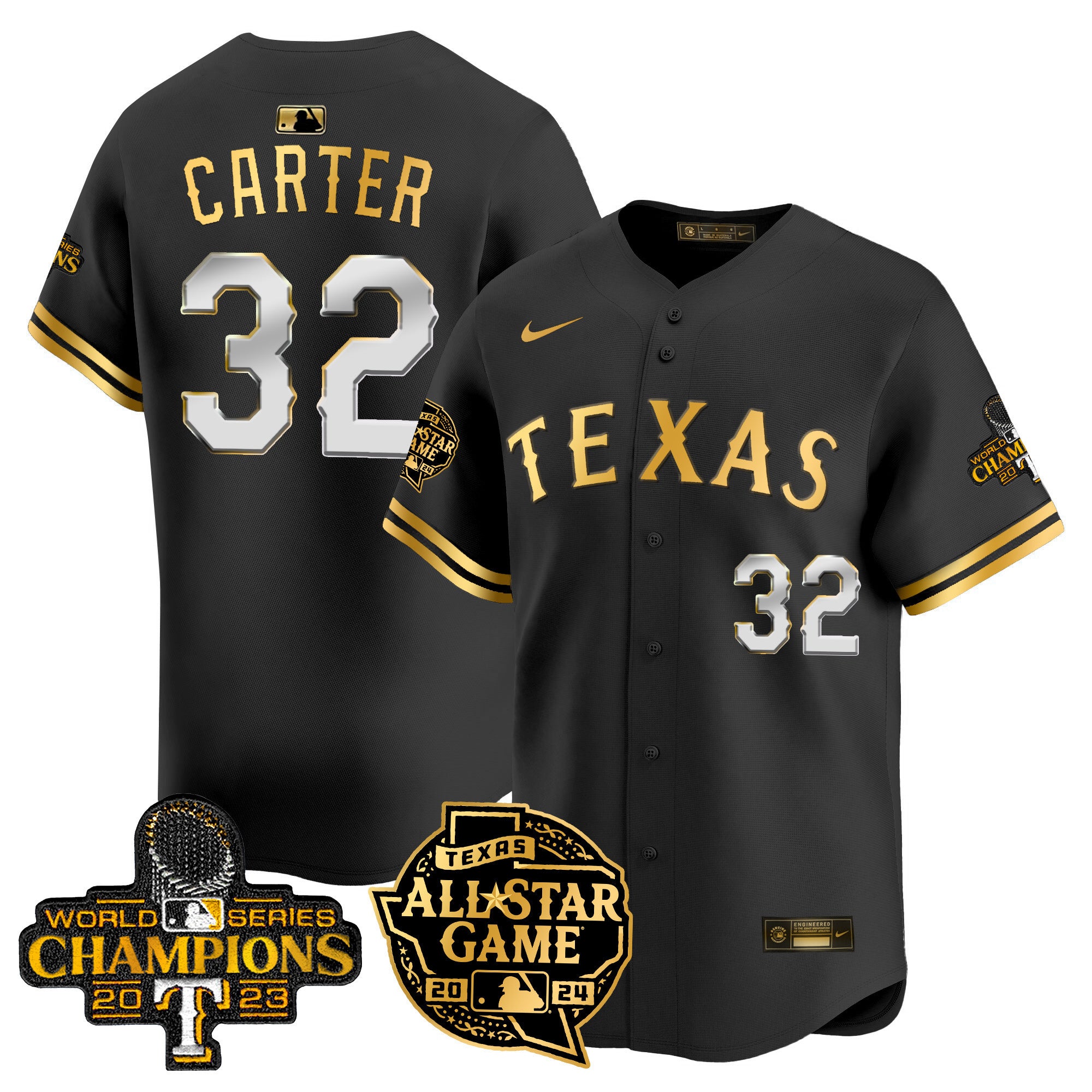 Men's Texas Rangers 2024 All Star Game Patch Vapor Premier Limited Jersey - All Stitched - Black Gold, Evan Carter
