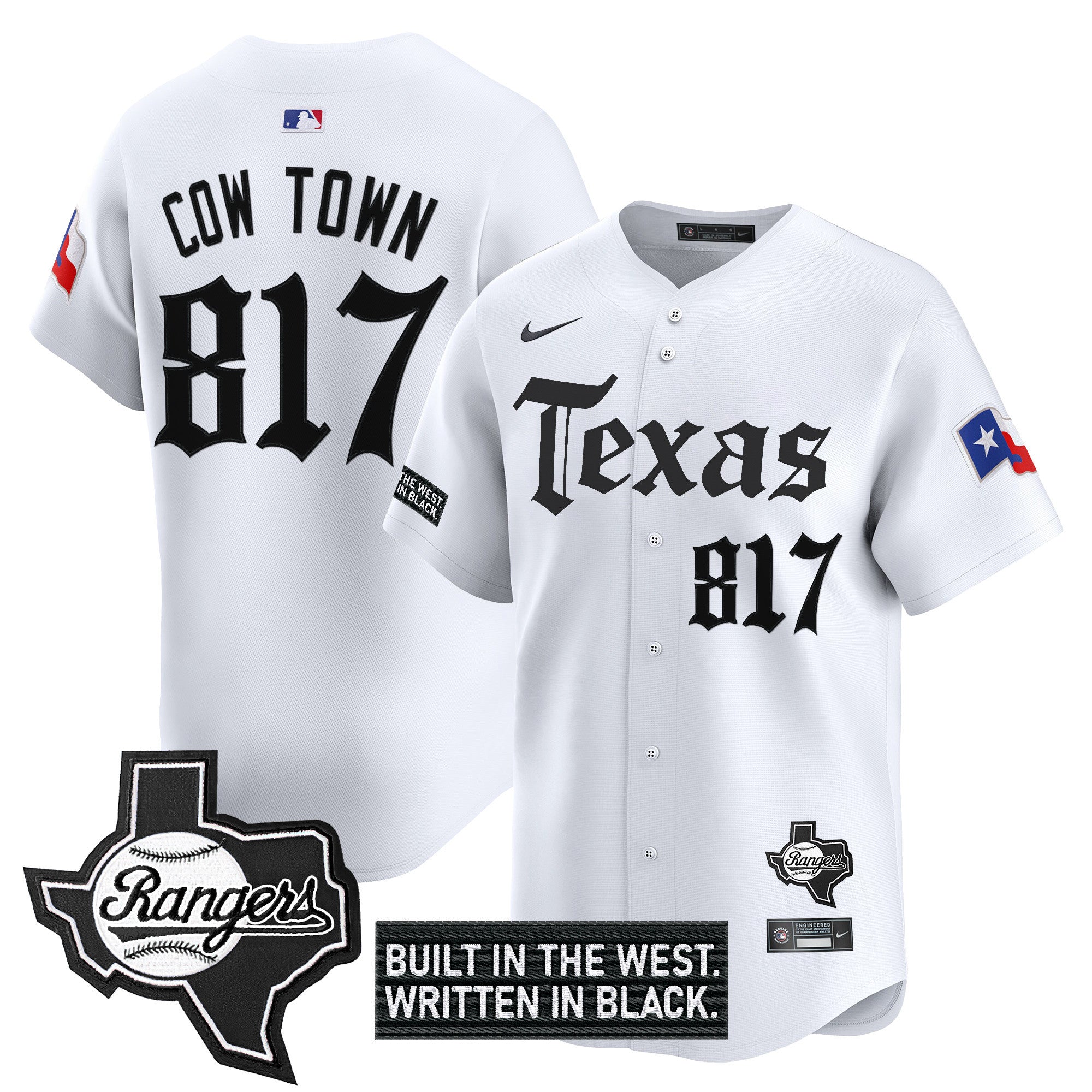 Men's Texas Rangers 'Gothic Frontier Edition' Vapor Premier Limited Jersey - All Stitched - White, Cow Town 817