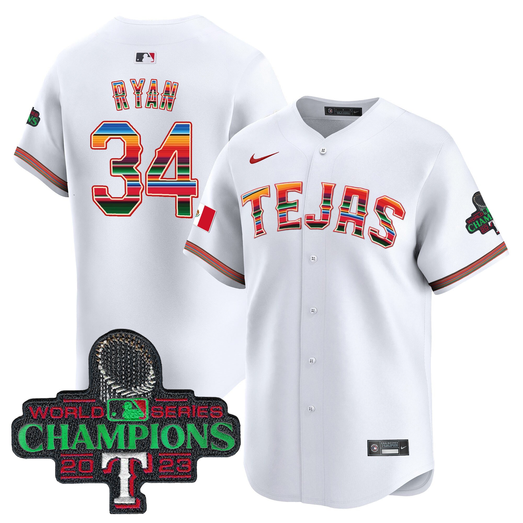 Men's Texas Rangers Mexico Champions Patch Vapor Premier Limited Jersey - All Stitched - White, Nolan Ryan