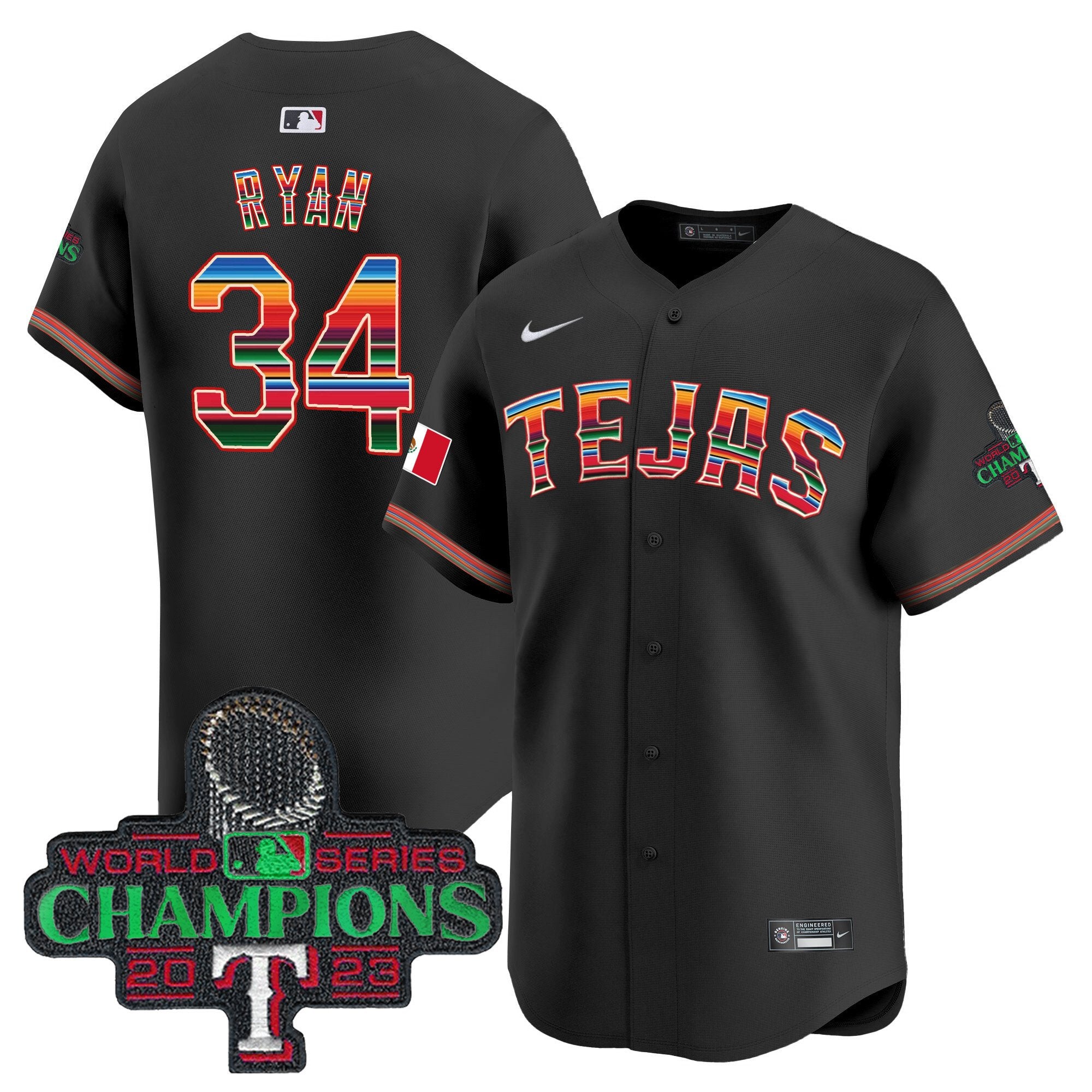 Men's Texas Rangers Mexico Champions Patch Vapor Premier Limited Jersey - All Stitched - Black, Nolan Ryan