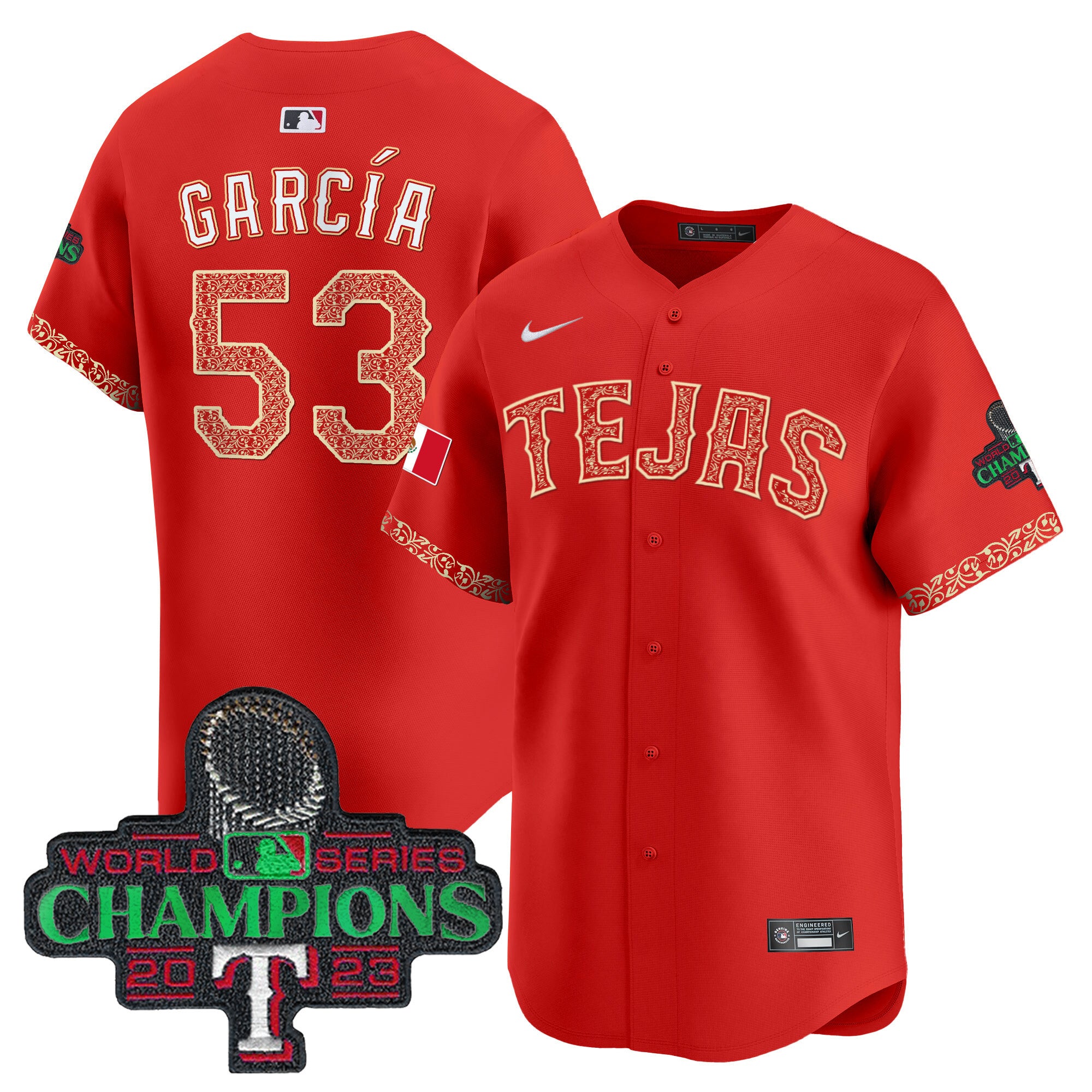 Men's Texas Rangers Mexico Champions Patch Vapor Premier Limited Jersey - All Stitched - Red, Adolis Garcia