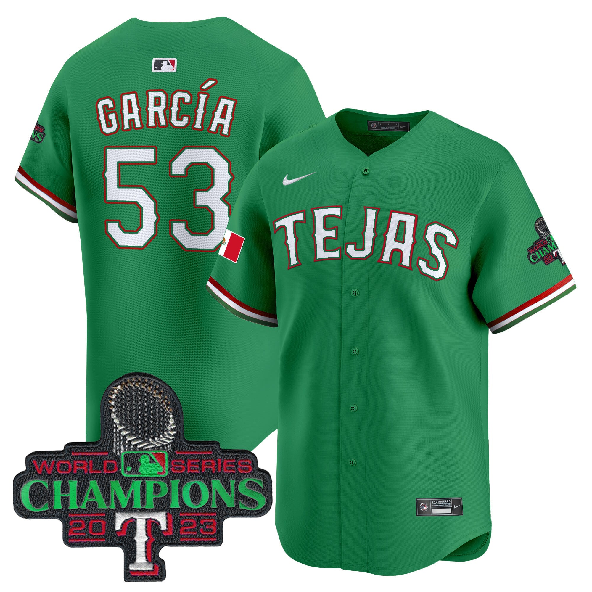 Men's Texas Rangers Mexico Champions Patch Vapor Premier Limited Jersey - All Stitched - Green, Adolis Garcia