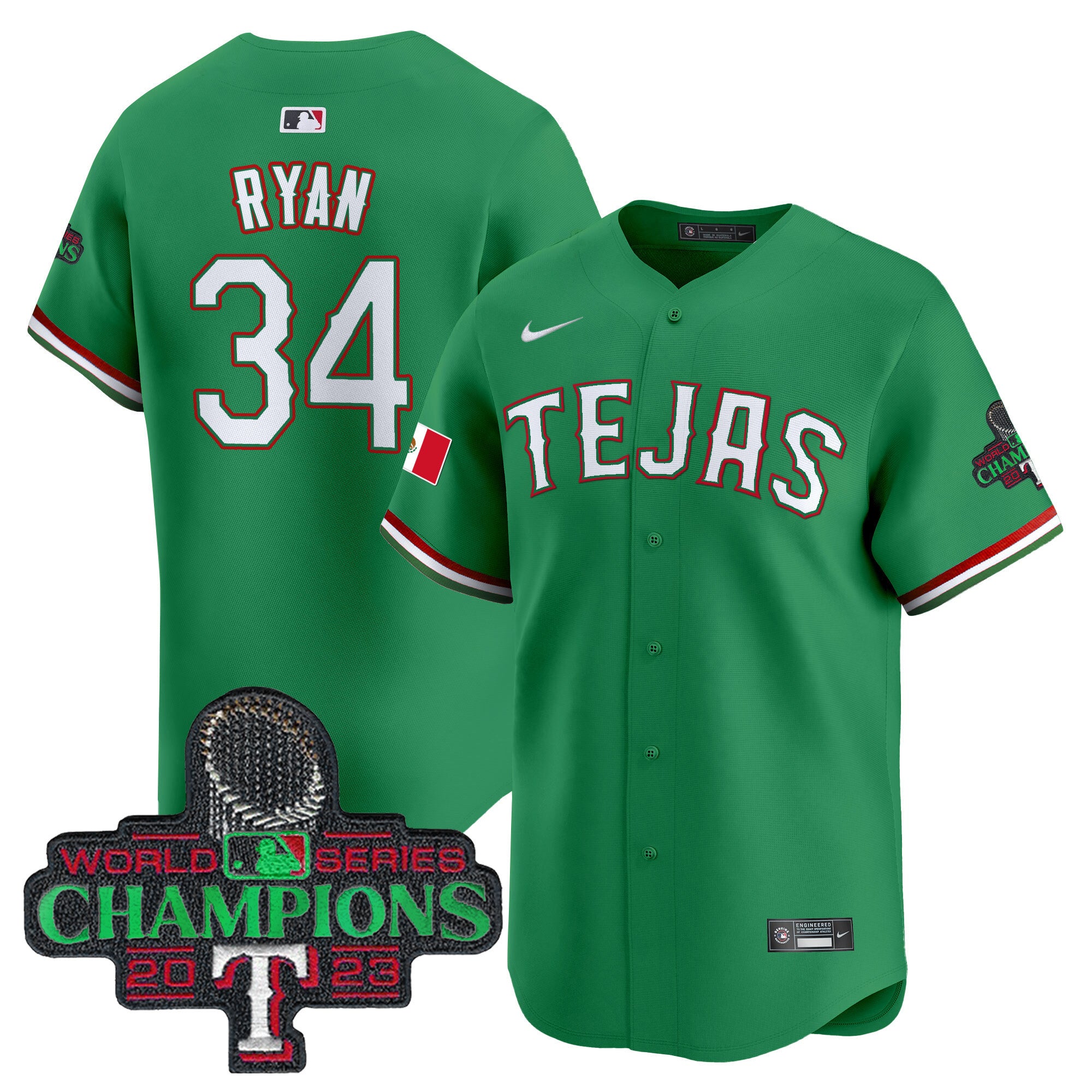 Men's Texas Rangers Mexico Champions Patch Vapor Premier Limited Jersey - All Stitched - Green, Nolan Ryan